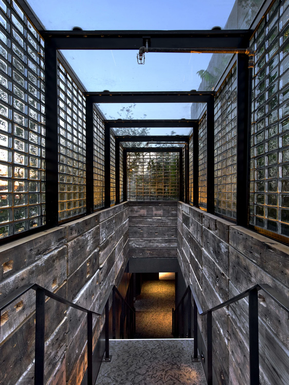 Staircase,  Glass, Steel,frame,  Rustic, wood,  Skylight,corridor, wall,concrete