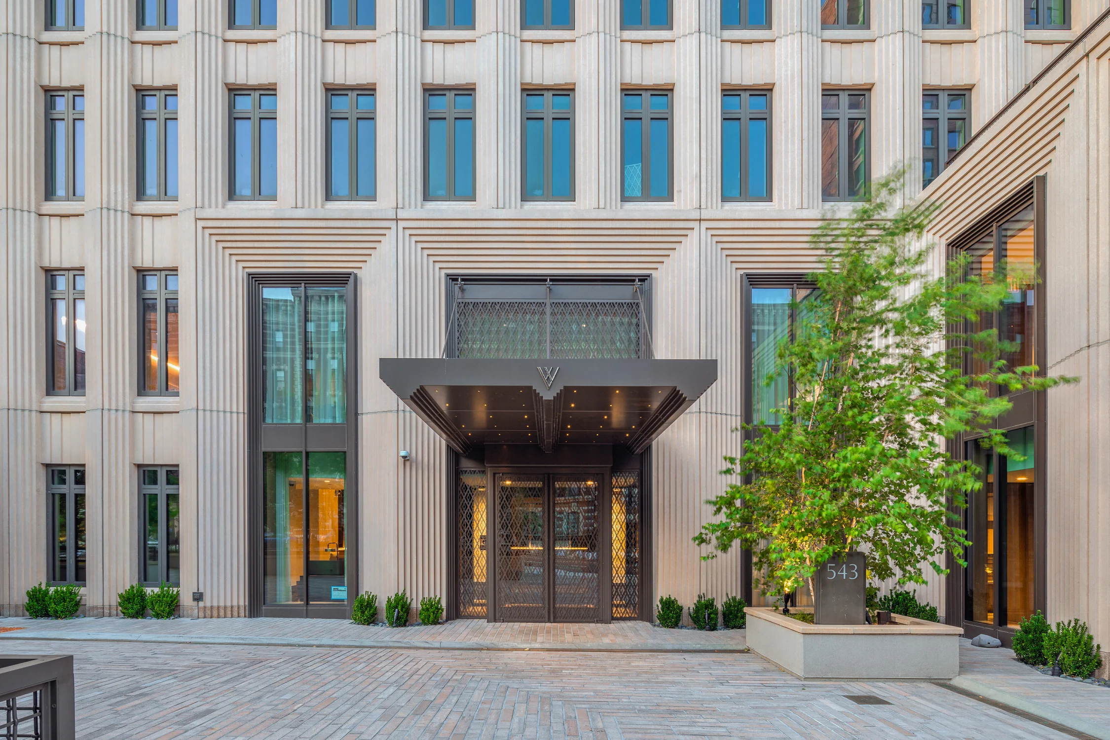 Entrances, front facade, windows, trees, linearity, trees, canapy