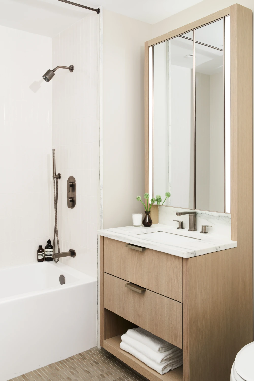 Bathroom, wood, mirror, marble, sink, tile, plant, mirror, lights