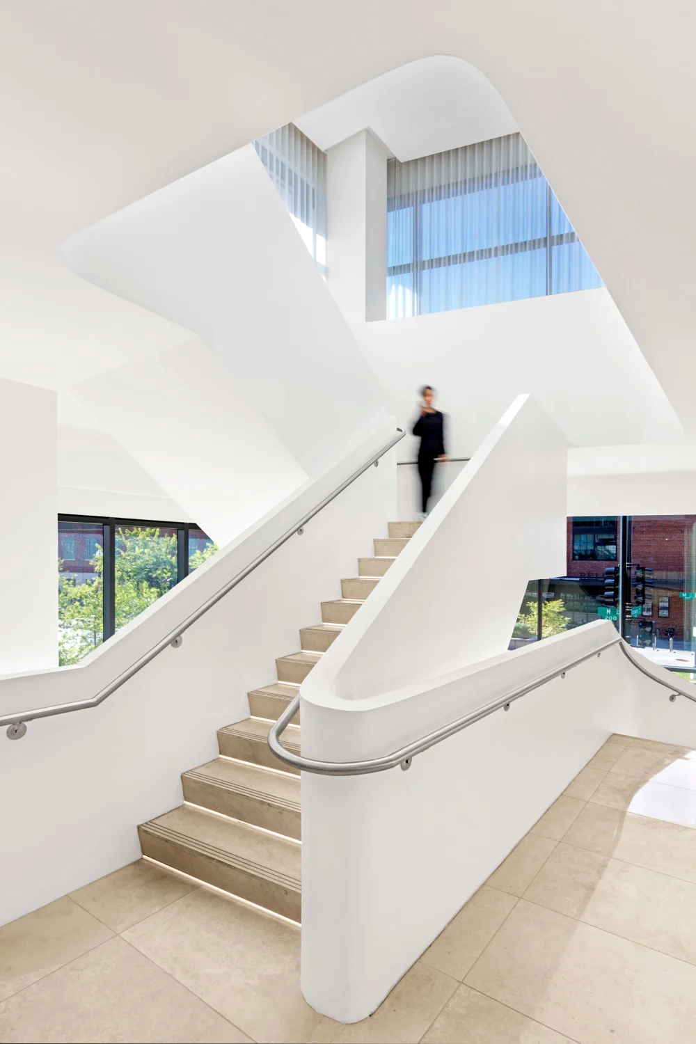 Staircase, stone flooring, windows, white, drapery