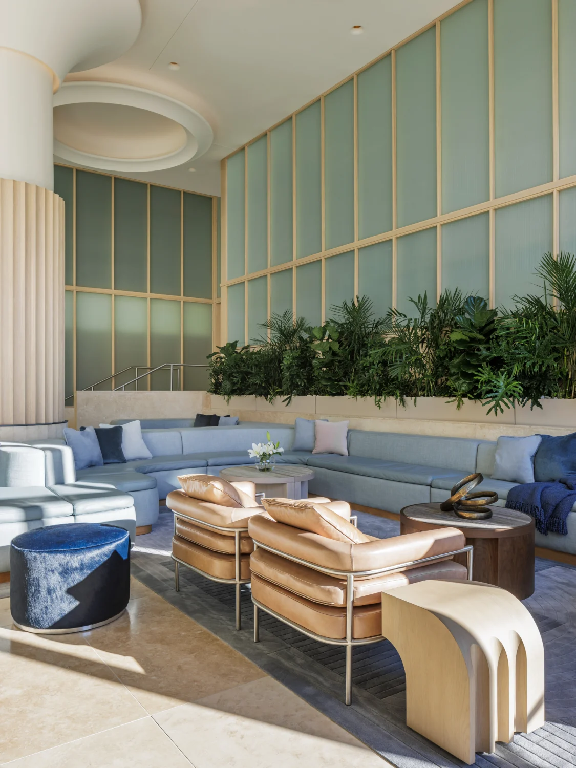 Seating, pouf, chairs, leather, side table, center table, wood, sofa, cushions, plants, glass, rug