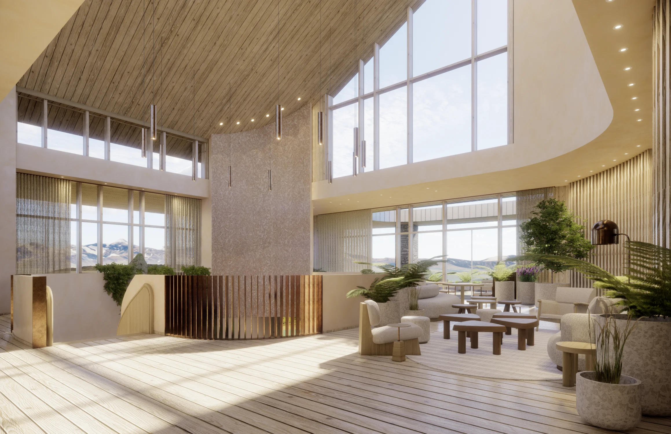 Double height, seating, hanging lights, wood flooring, glazing, planters, lighting, rug,