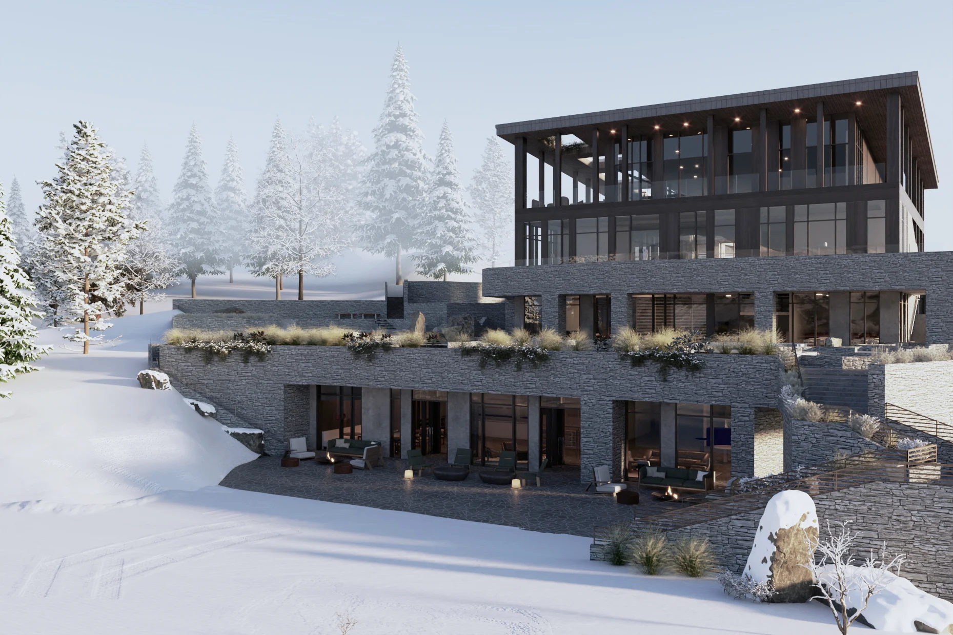 Side, snow, Stone masonry, trees, lighting