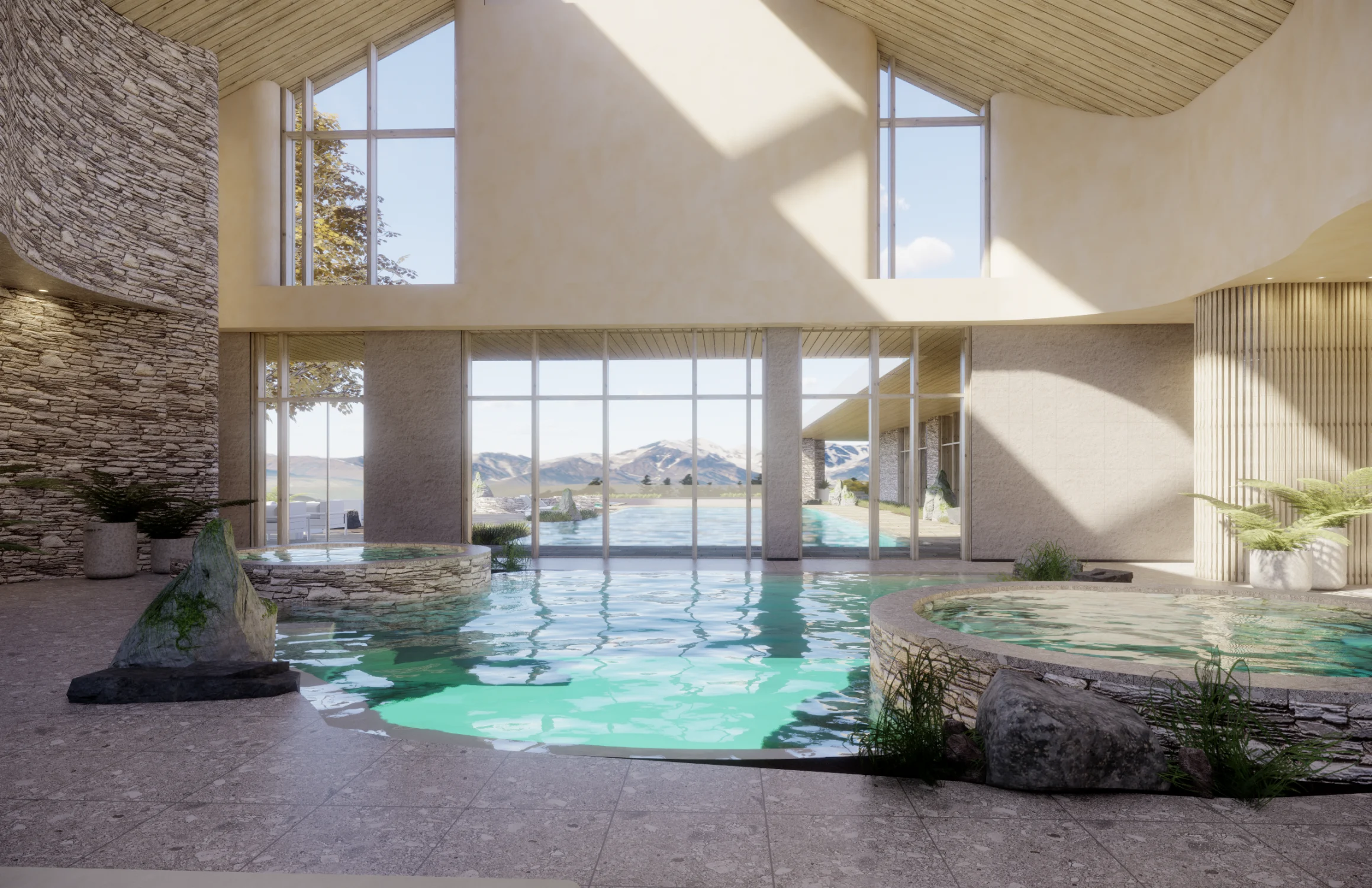 Pool, rocks, windows, openness, flooring, wood, stone masonry, planters, views, glazing