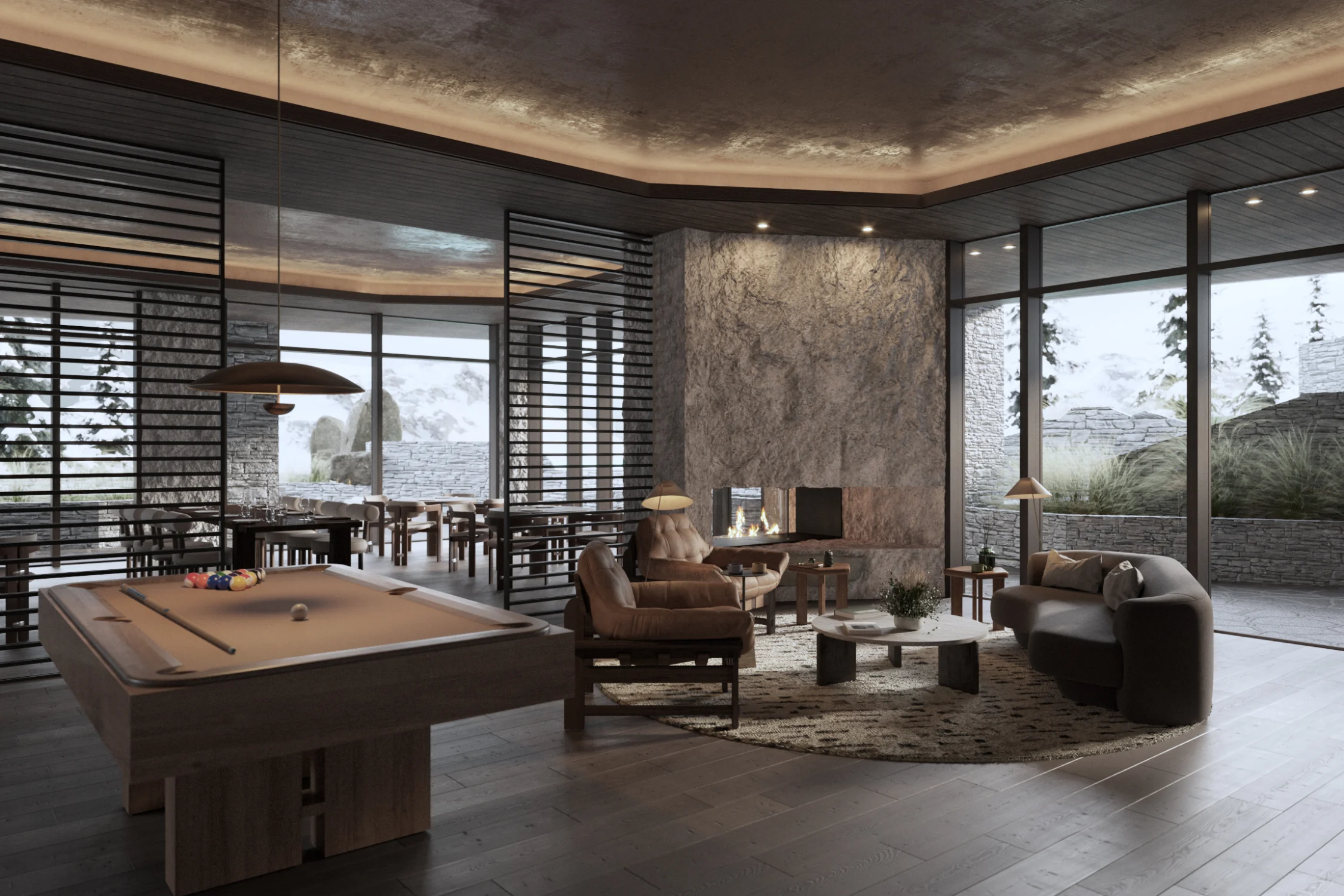 Pool table, Sofa seating, chairs, rug, center table, lighting, wood flooring, glazing, pendant, fireplace, views
