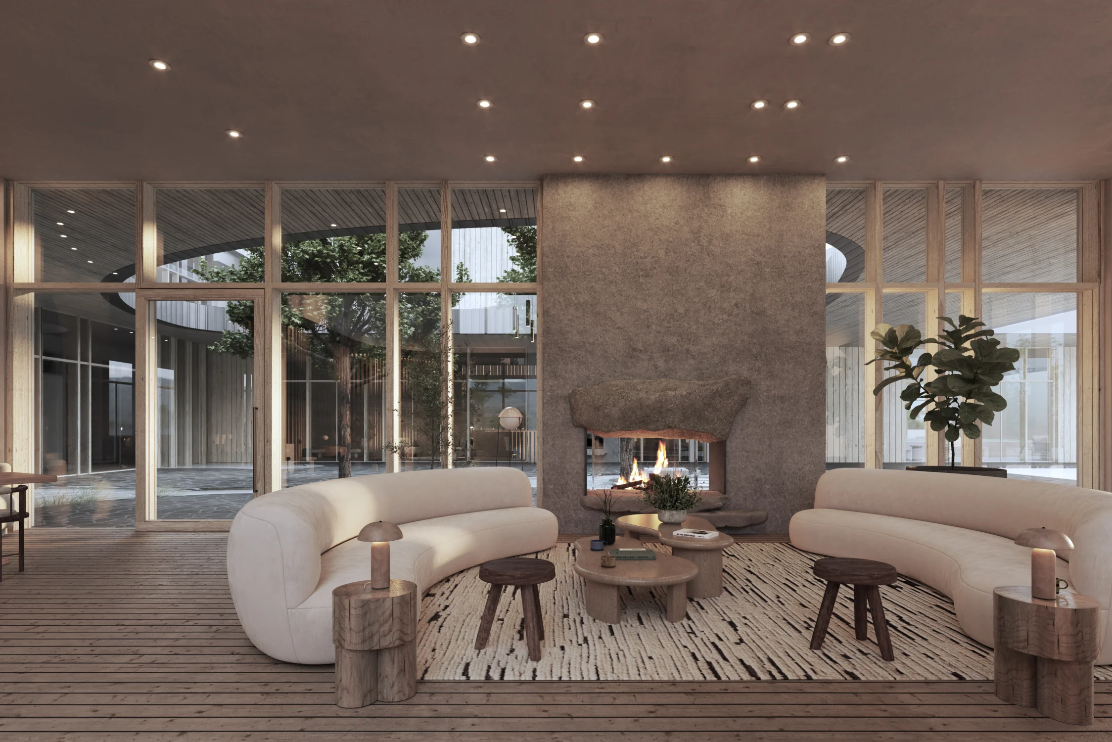 Brown, wood flooring, sofa seating, rug, center table, lamps, plants, trees, glazing, fireplace, stools