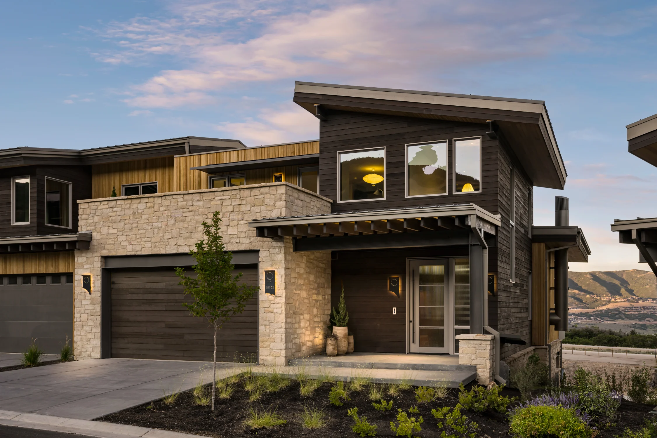 Exterior, garage, porch, planters, stone, wood, windows, landscape chimney, entrance