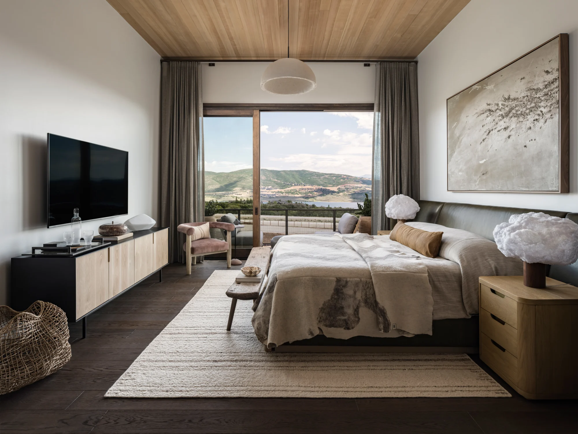 Bedroom, window, view, art, side table, art lamp, chair, balcony, wood flooring, pendant light