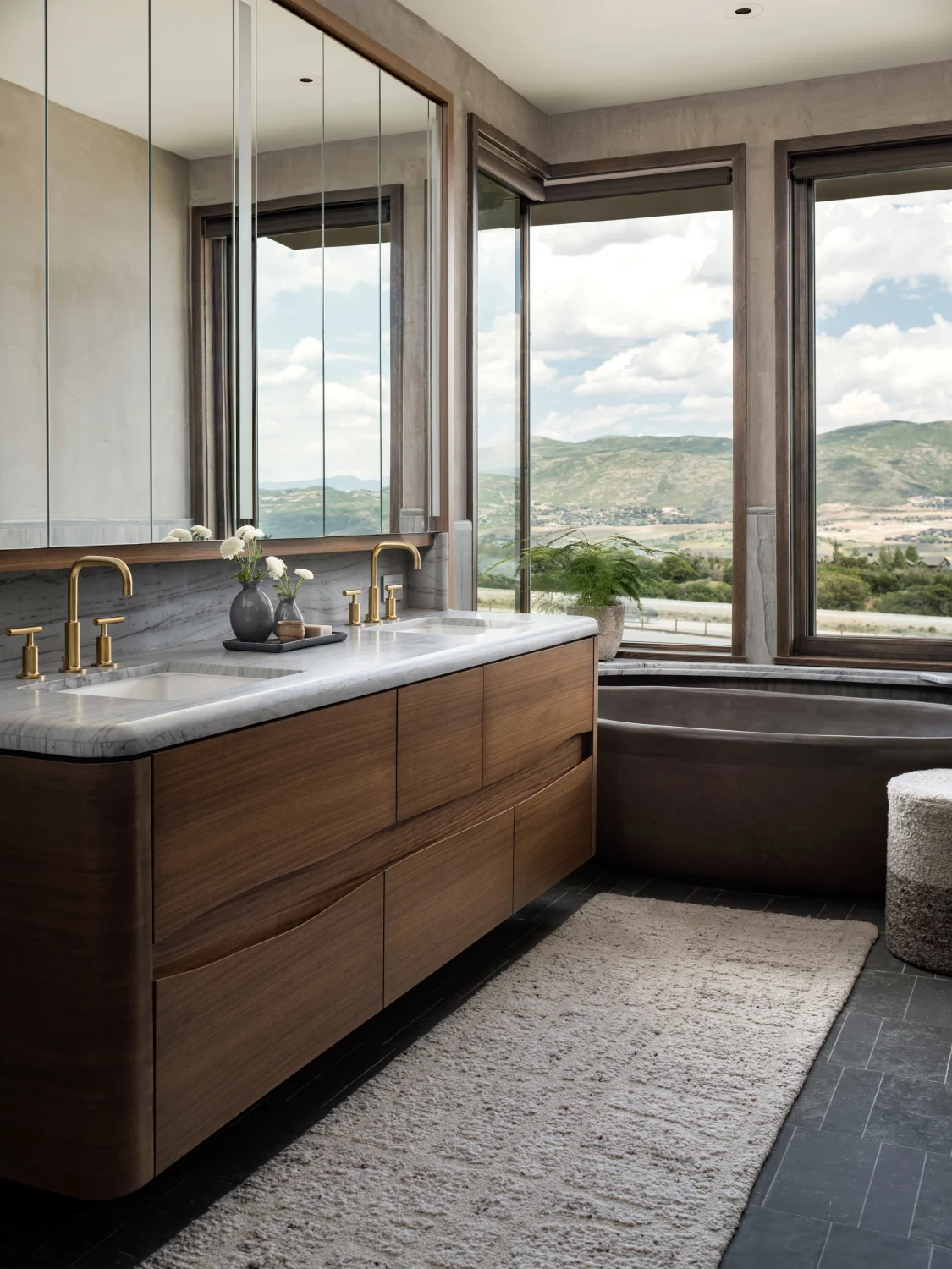 Bathroom, Stone flooring, Stone countertop, brass, wood, mirror, windows, nature's view, bathtub, bathroom mat, plants,