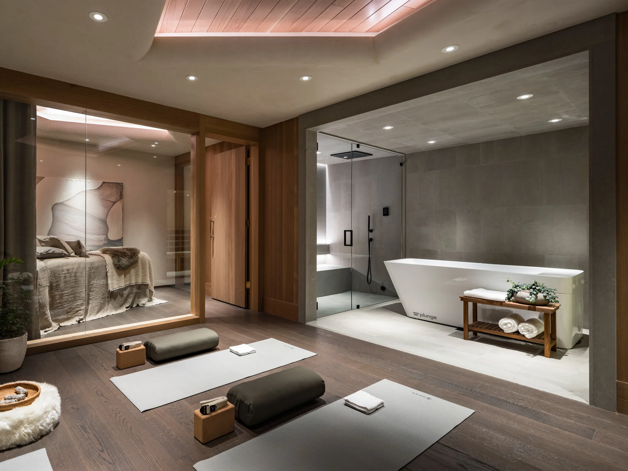Spa room, mats, lighting, wood flooring, planter, tiles, glass, sheets, art