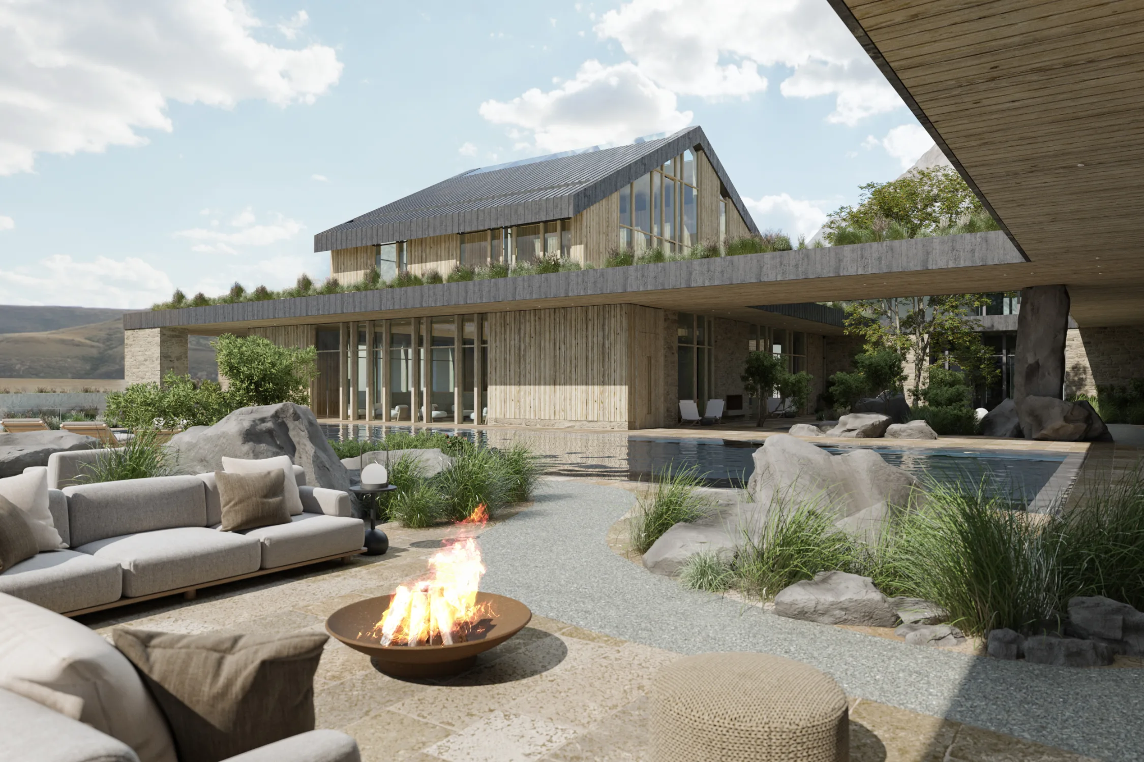 Backyard, exterior, gravels, rocks, fireplace, sofa seating, wood, pool, views