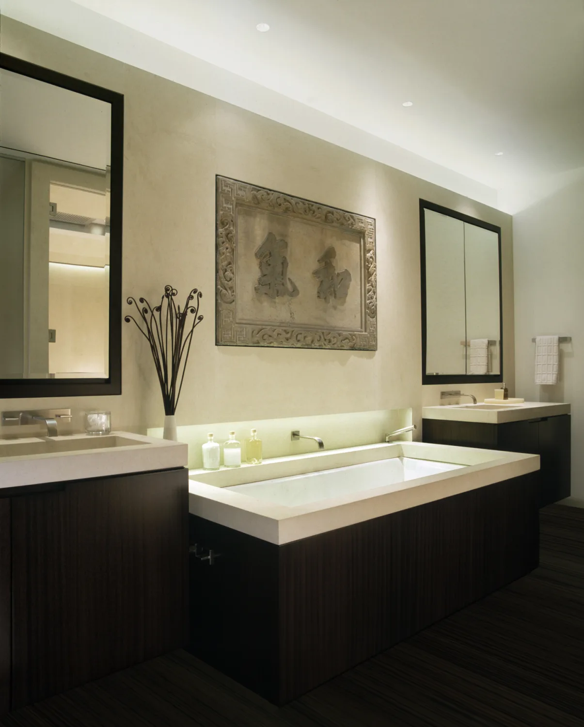 laight apartment master BATHROOM, bathtub, double sinks, dark wood