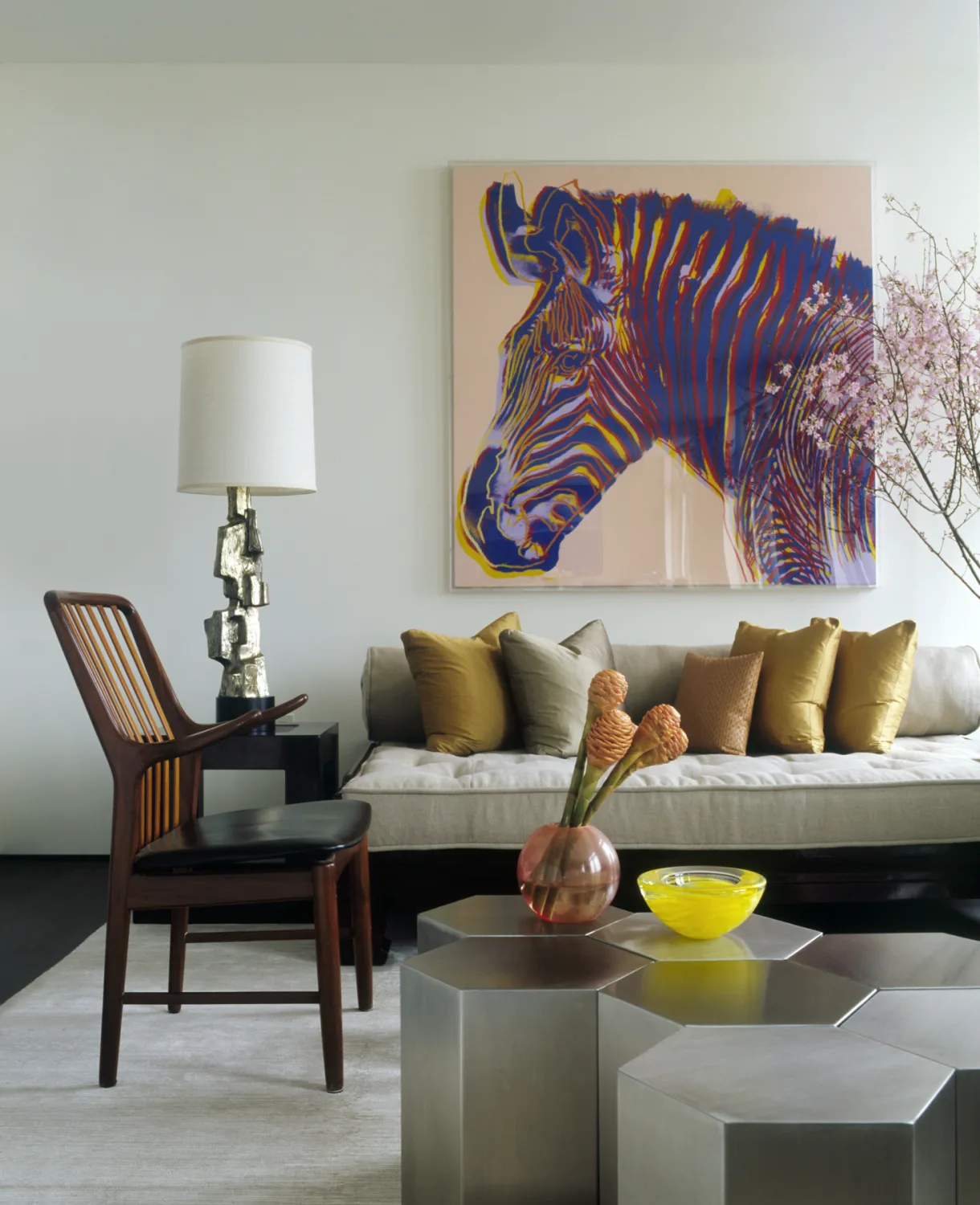 laight apartment sitting DEN, sofa, hexagon table, zebra art
