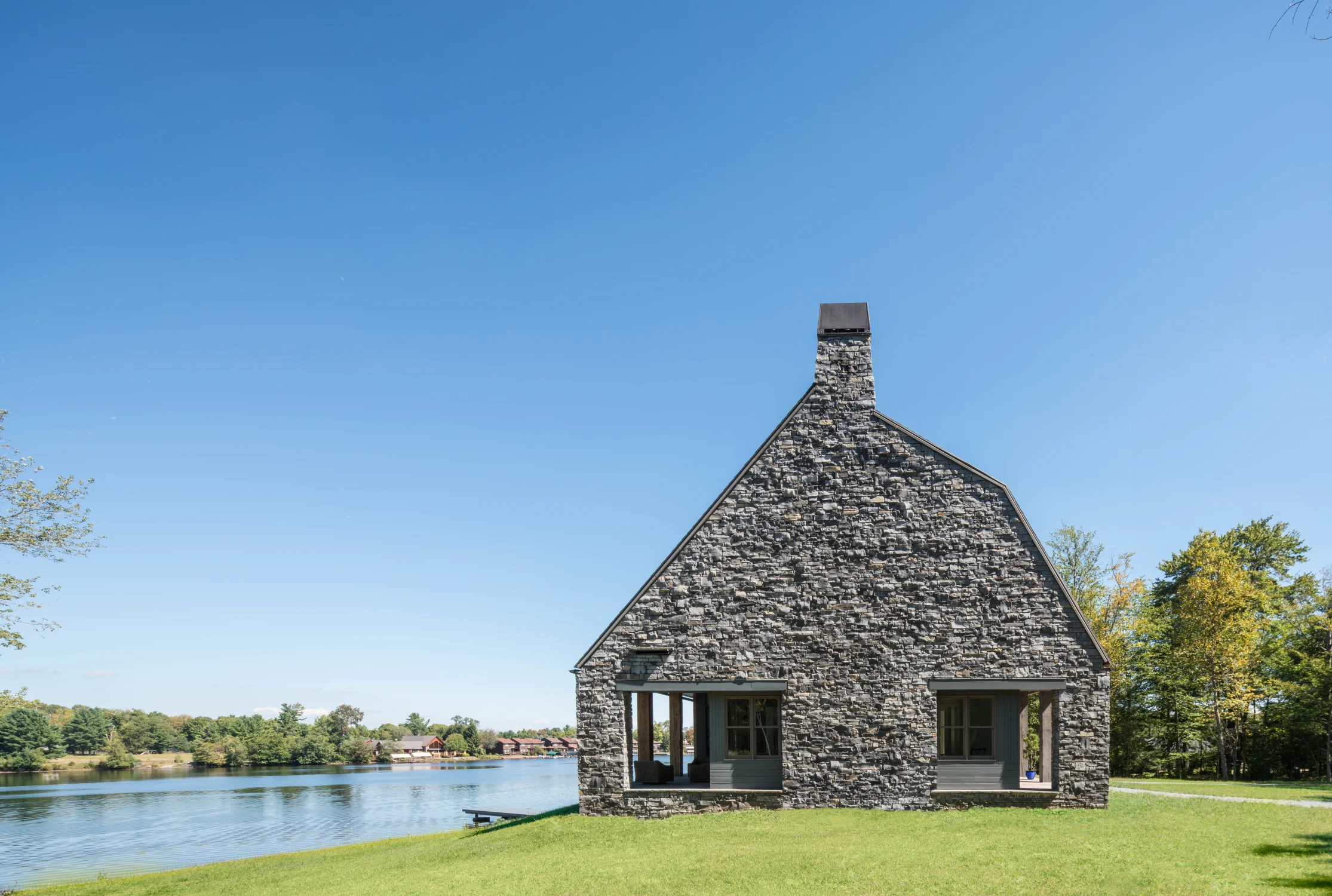 Side, lake, exterior, lawn, trees, stone, masonry, chimney