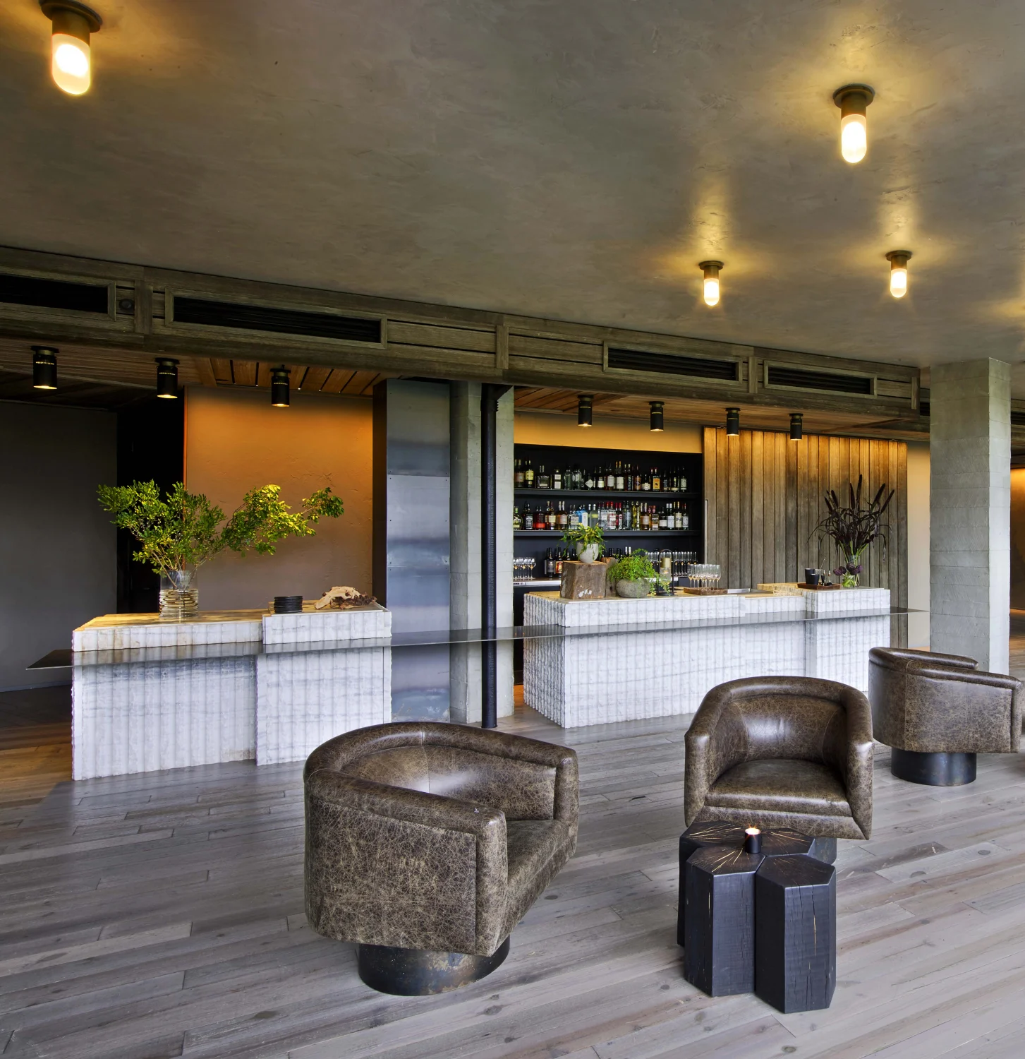 Lounge  Armchairs  Side tables  Ceiling lights  Planters  Open space  Concrete  Wooden flooring  Reception desk  Ambient lighting