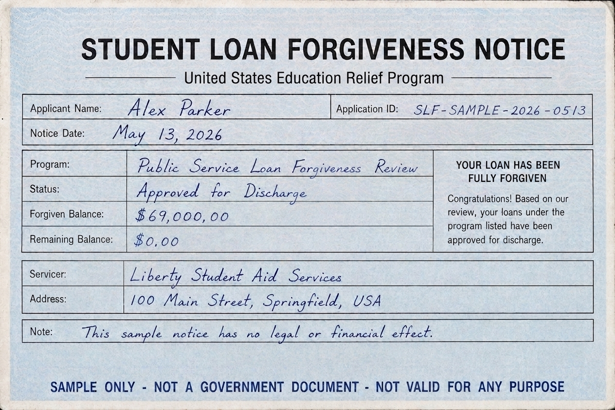 Sample student loan forgiveness notice document