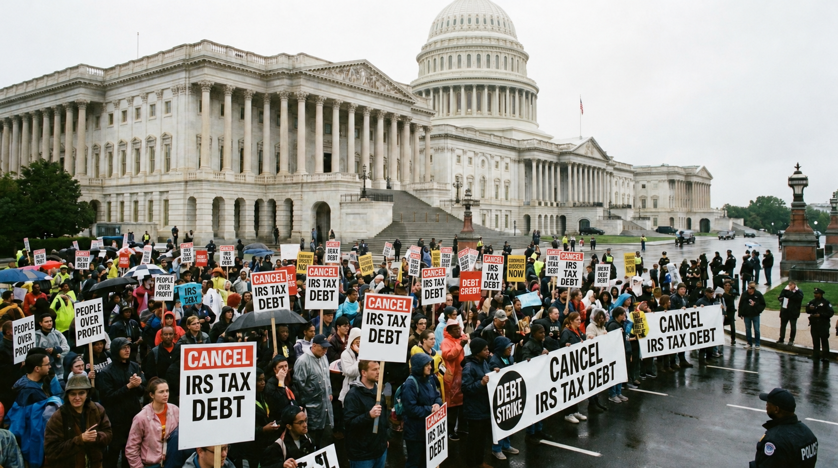 A crowd outside the U.S. Capitol holding signs that say cancel IRS tax debt