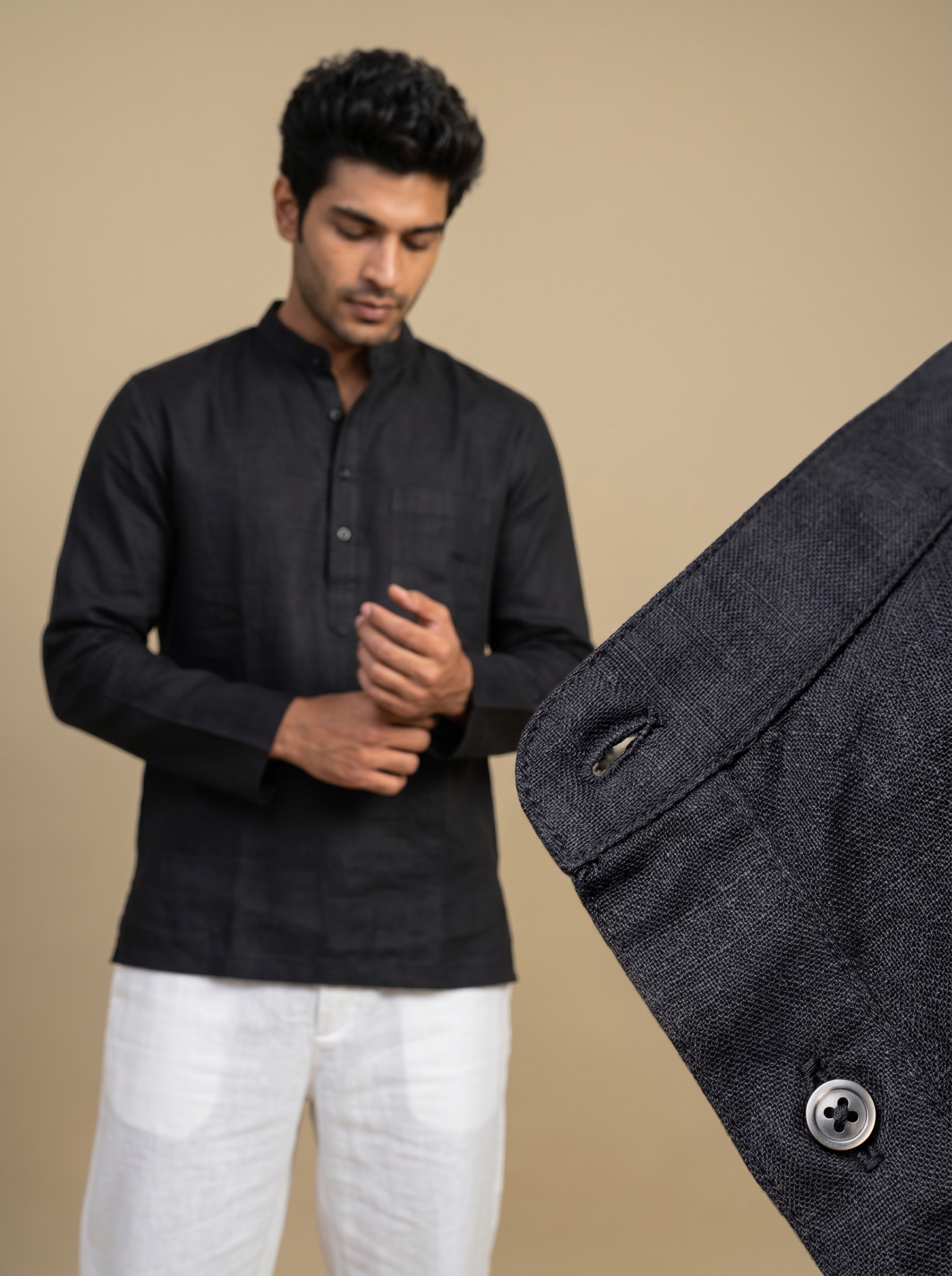 Midnight Onyx Cotton-Linen Short Kurta alternate view