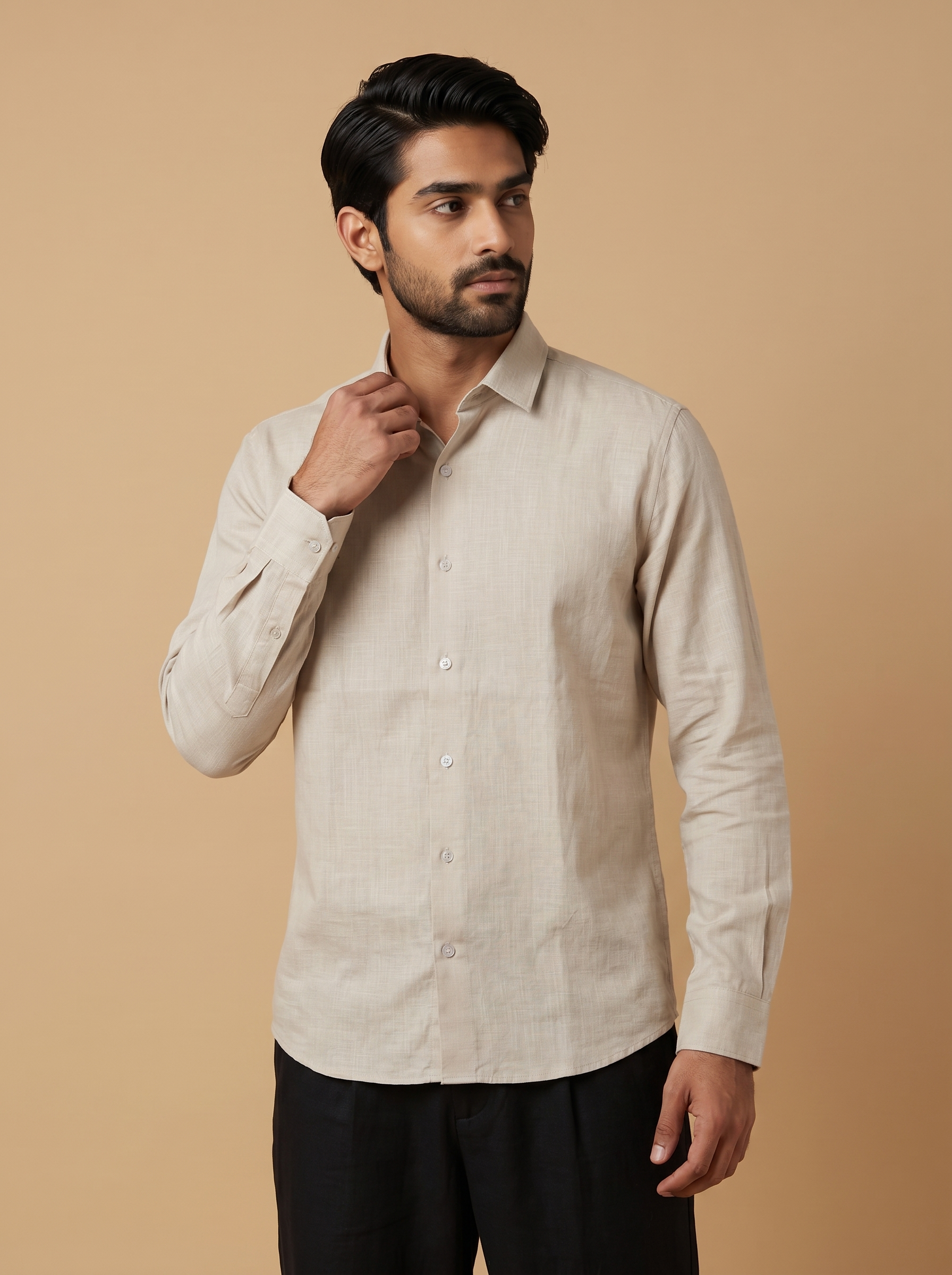 Men's Premium Beige Cotton-Linen Shirt view 5