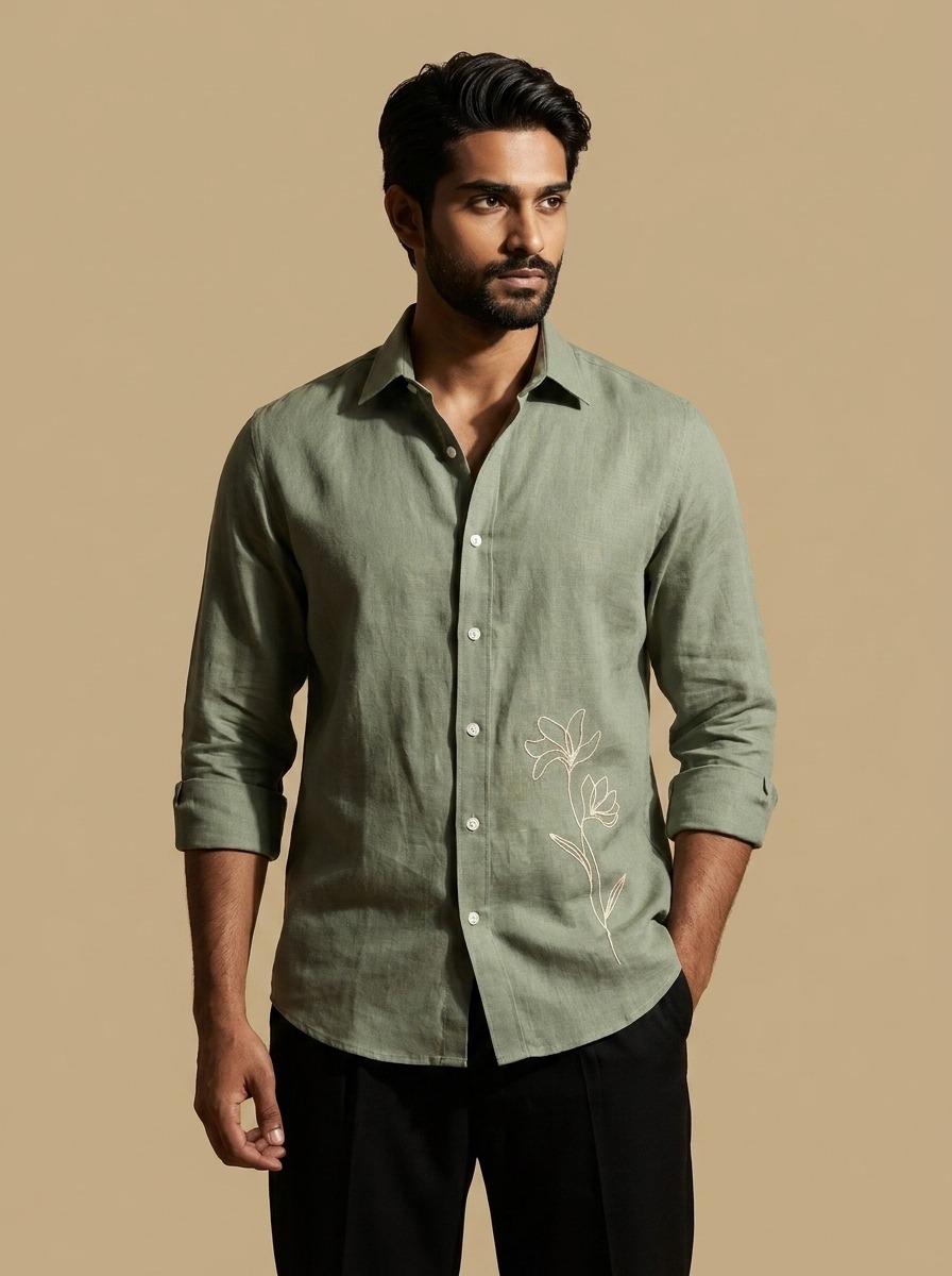 Sage Green Botanical Line-Art Linen Shirt