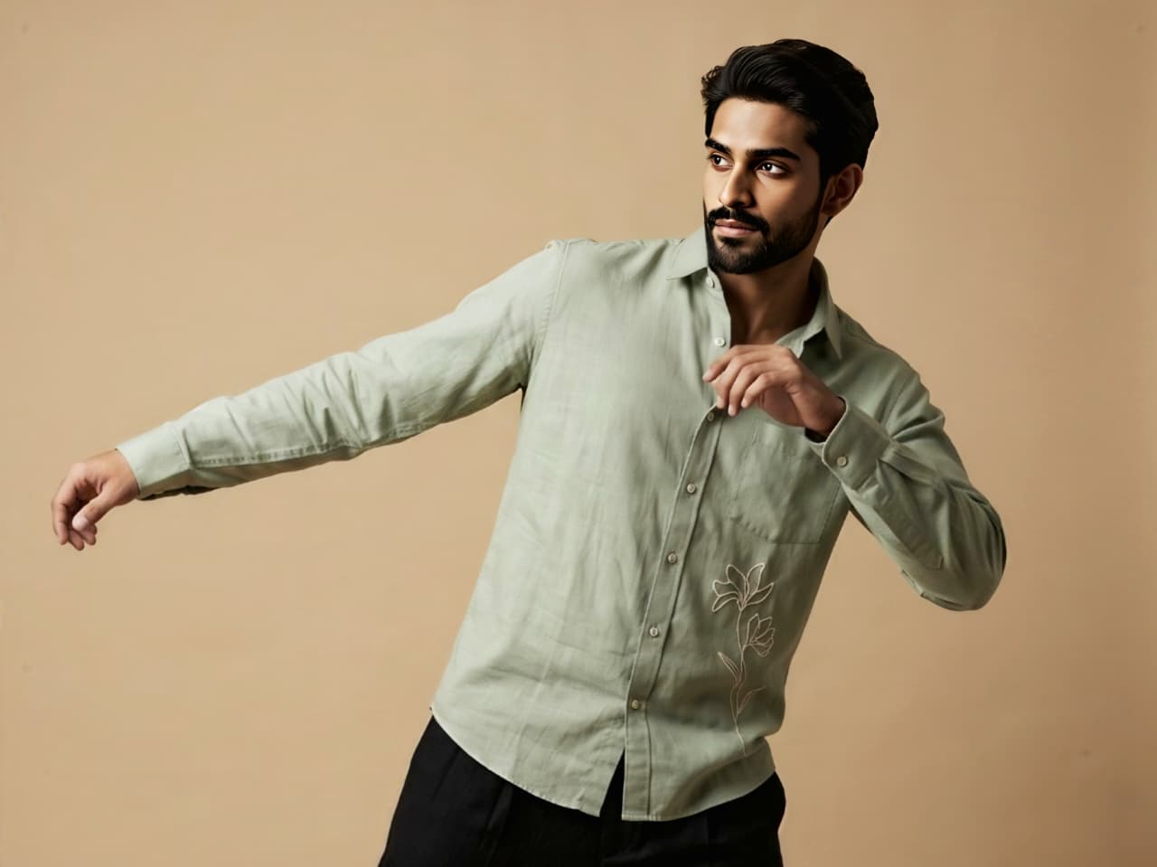 Sage Green Botanical Line-Art Linen Shirt view 3