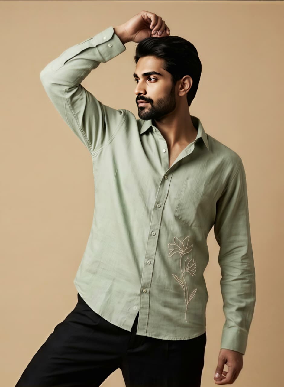 Sage Green Botanical Line-Art Linen Shirt view 4