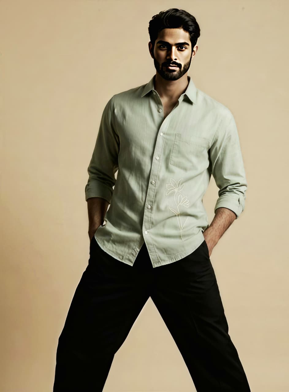 Sage Green Botanical Line-Art Linen Shirt alternate view