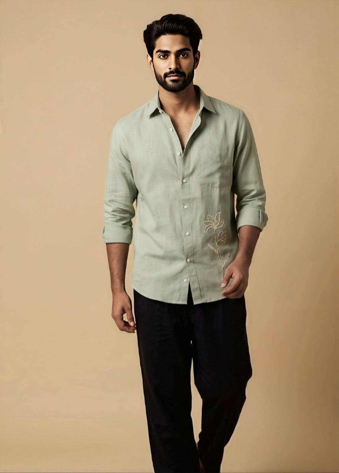 Sage Green Botanical Line-Art Linen Shirt view 5