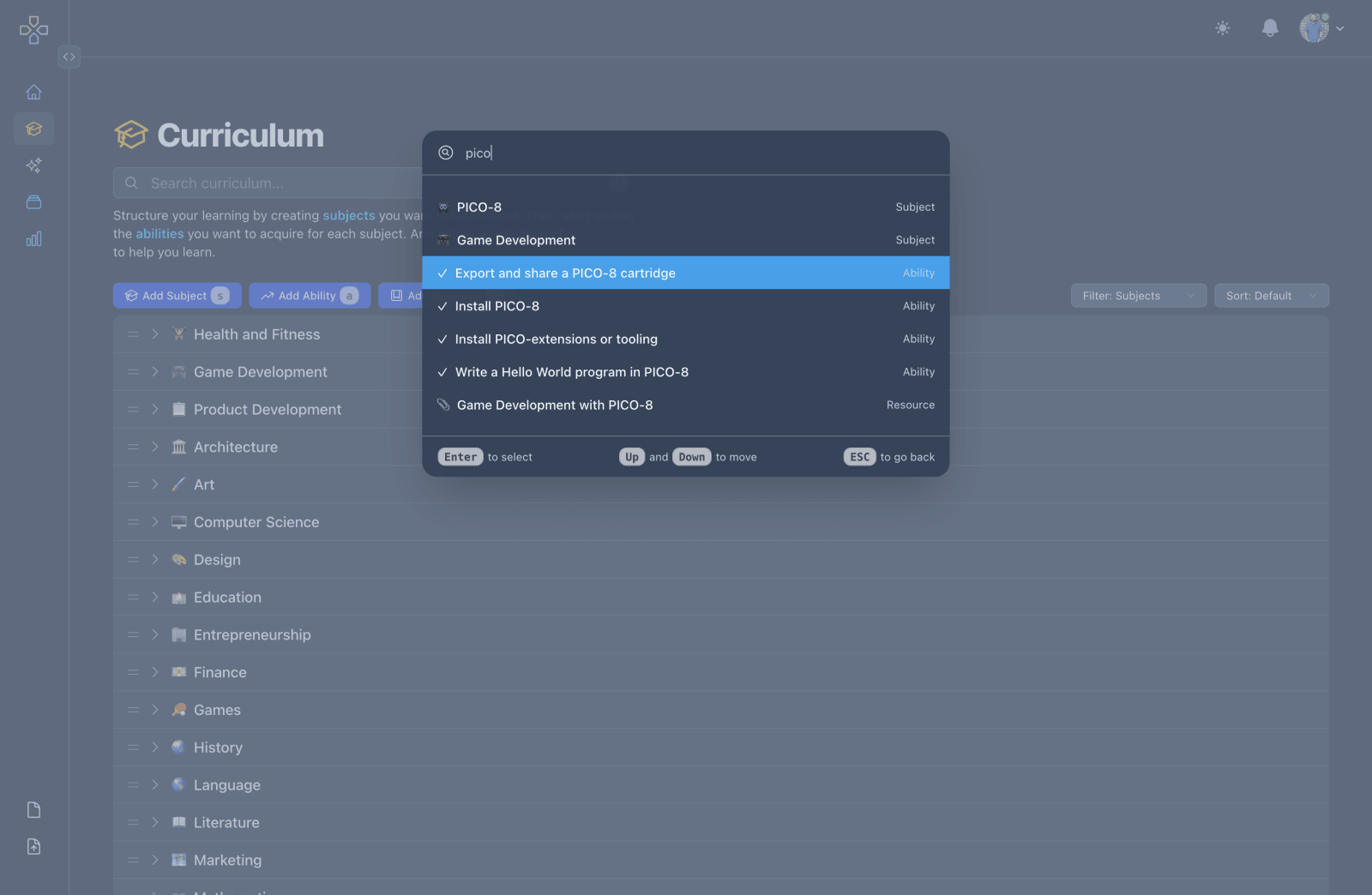 Command Palette with search and navigation.