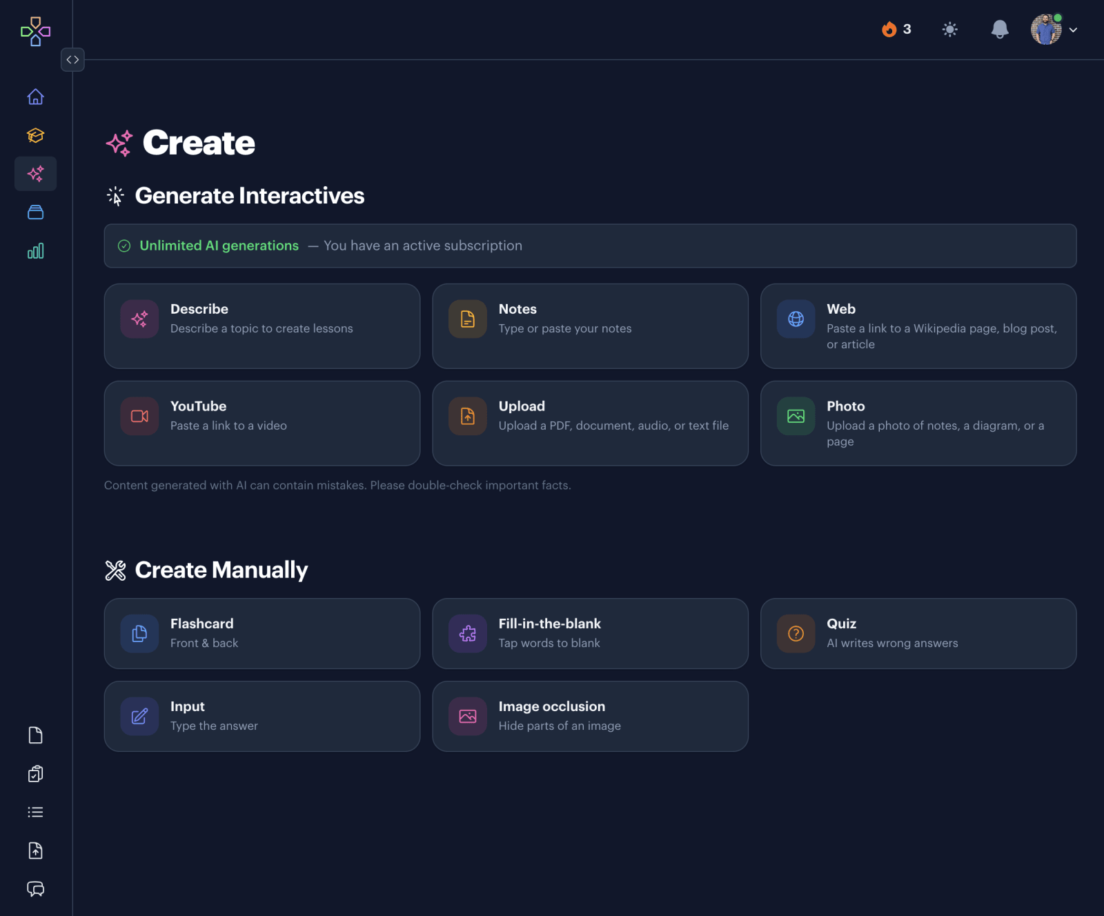 The redesigned Create page on Interact, with a card for each way to generate or manually create a lesson.