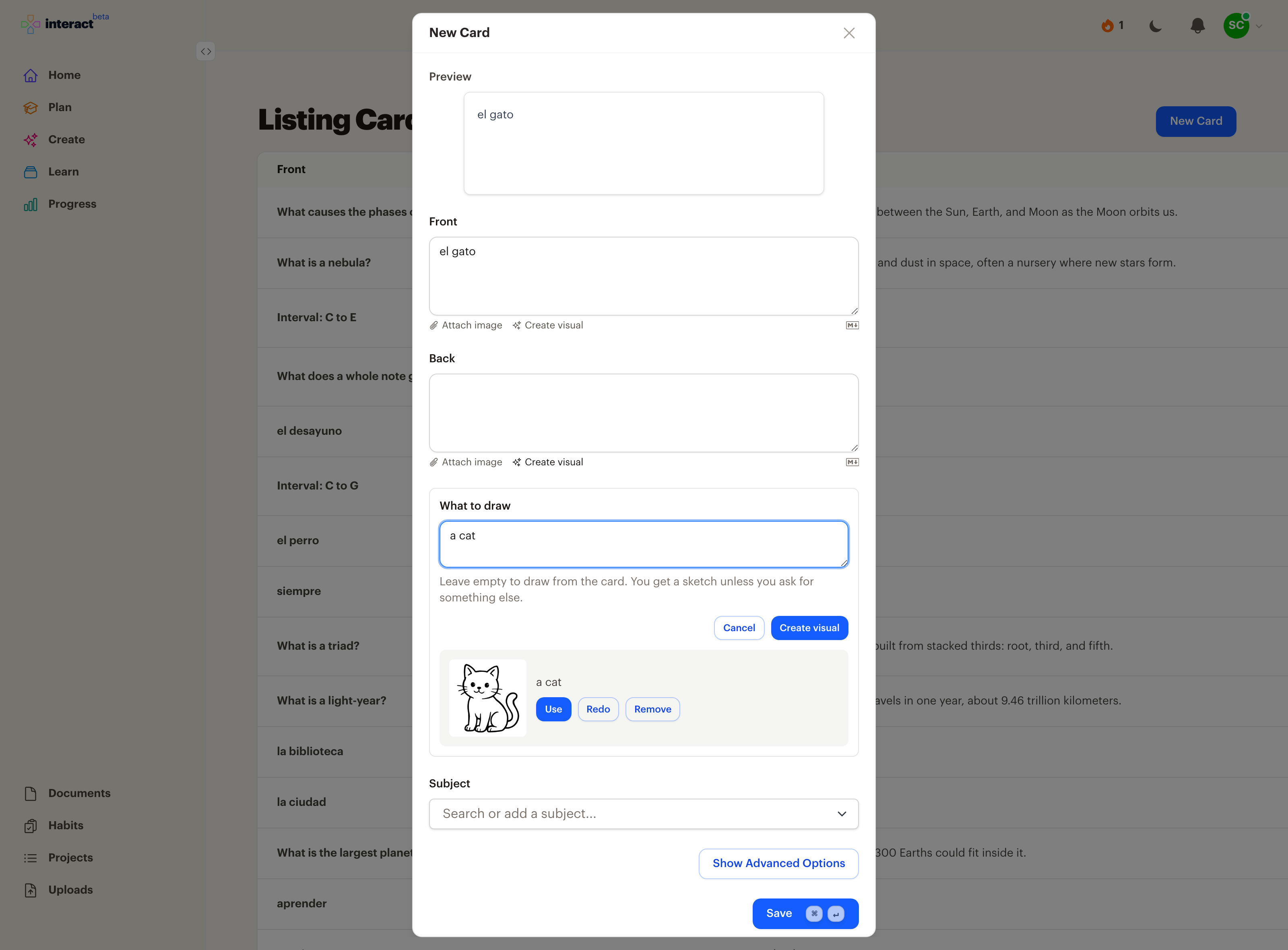 The new card form with el gato on the front and a generated sketch of a cat ready to use on the back