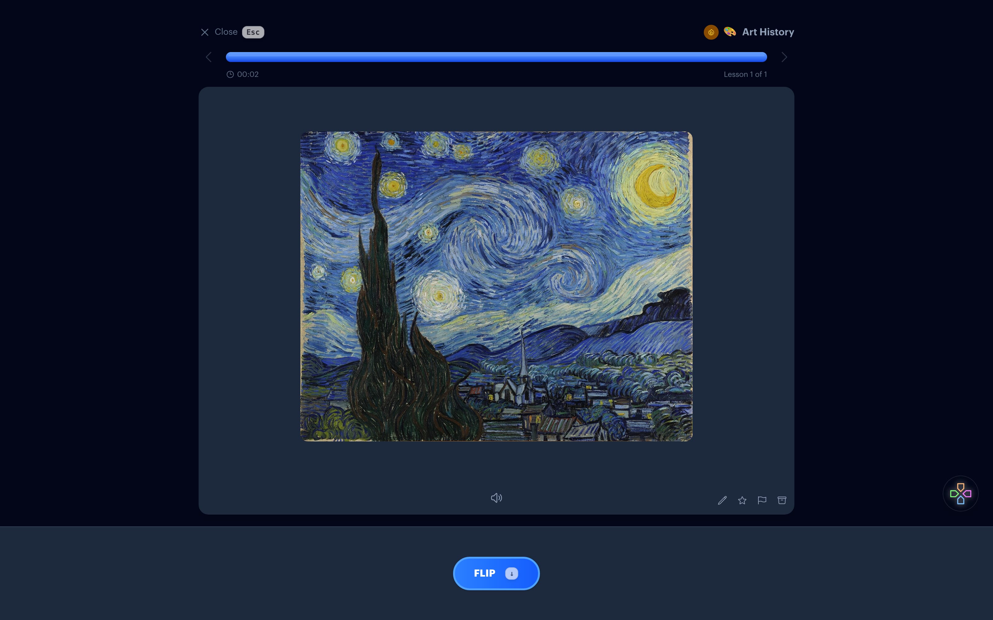A flashcard showing The Starry Night with no title or artist on the front