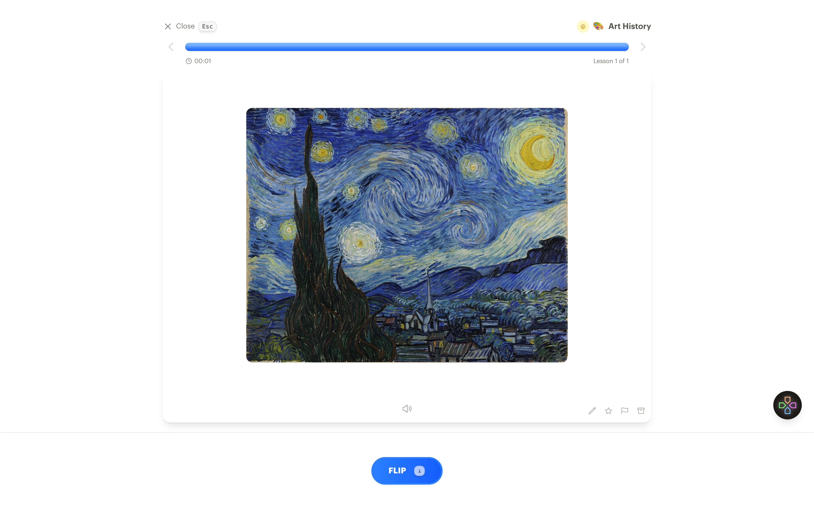 A flashcard showing The Starry Night with no title or artist on the front