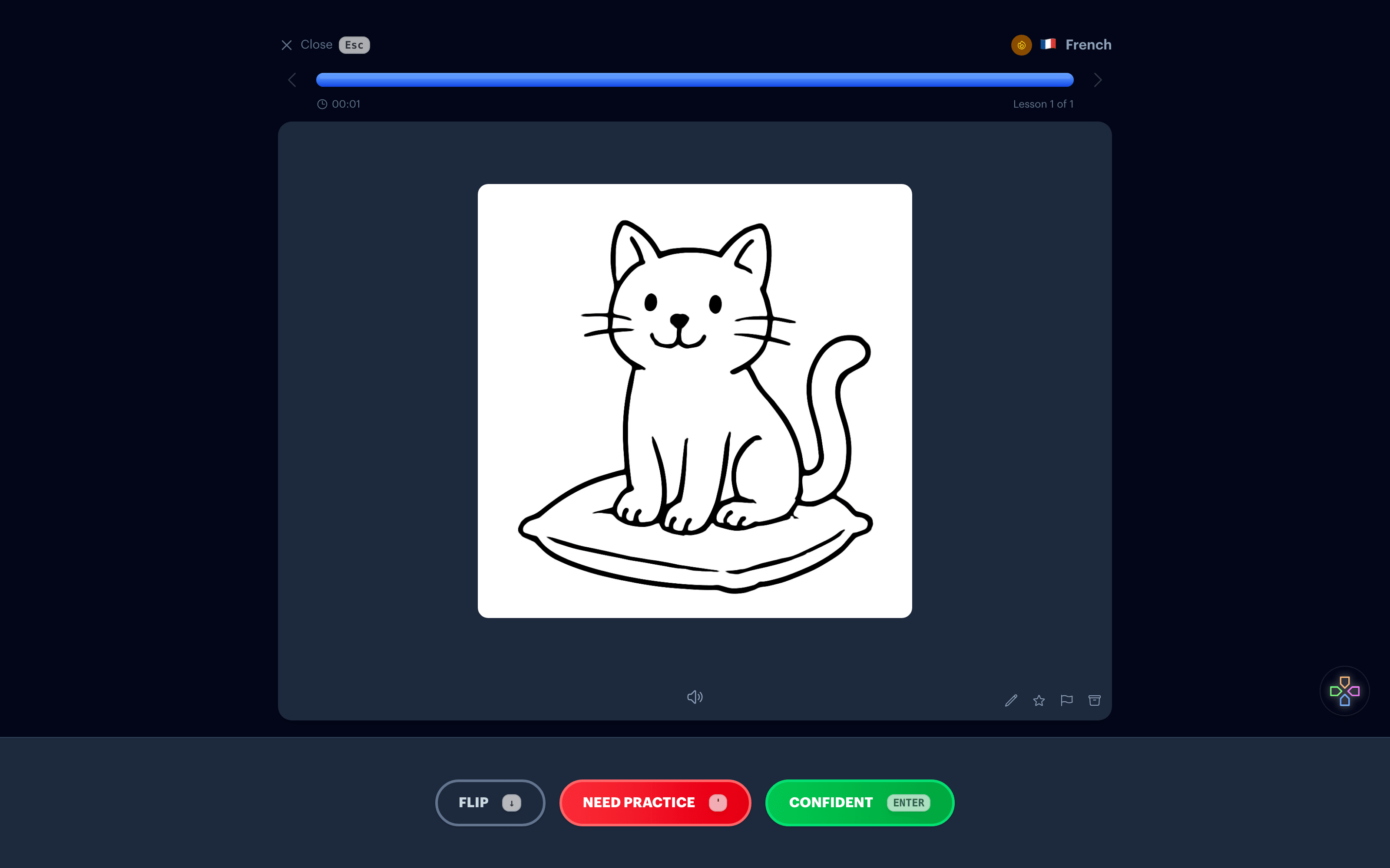 The back of the le chat flashcard showing a sketch of a cat