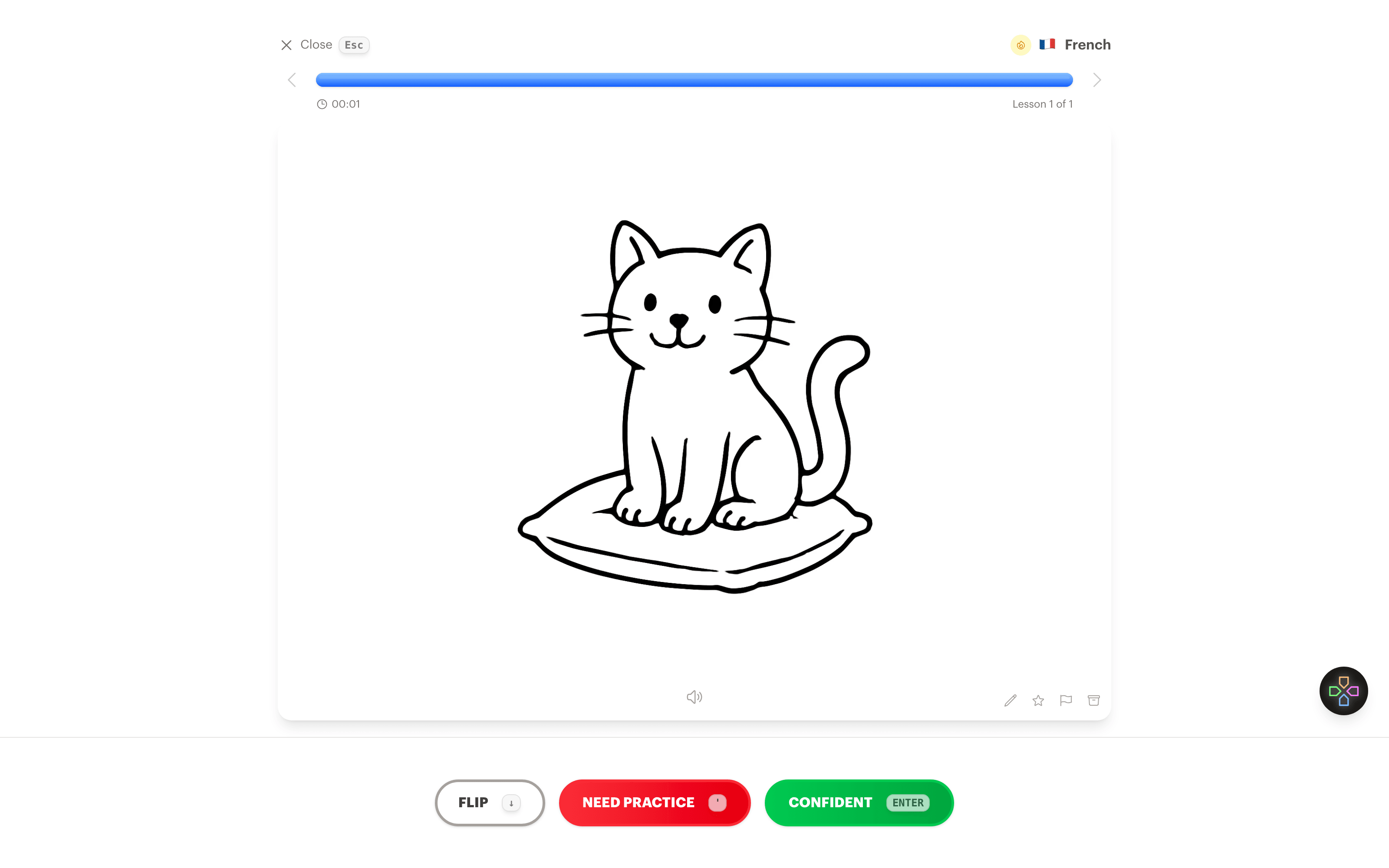 The back of the le chat flashcard showing a sketch of a cat