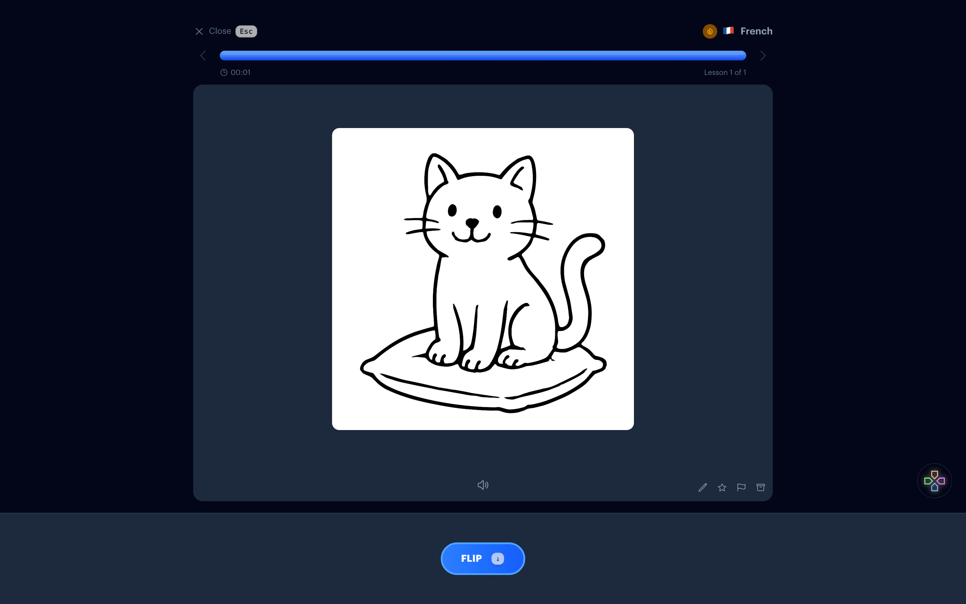 A reverse flashcard showing a sketch of a cat on the front