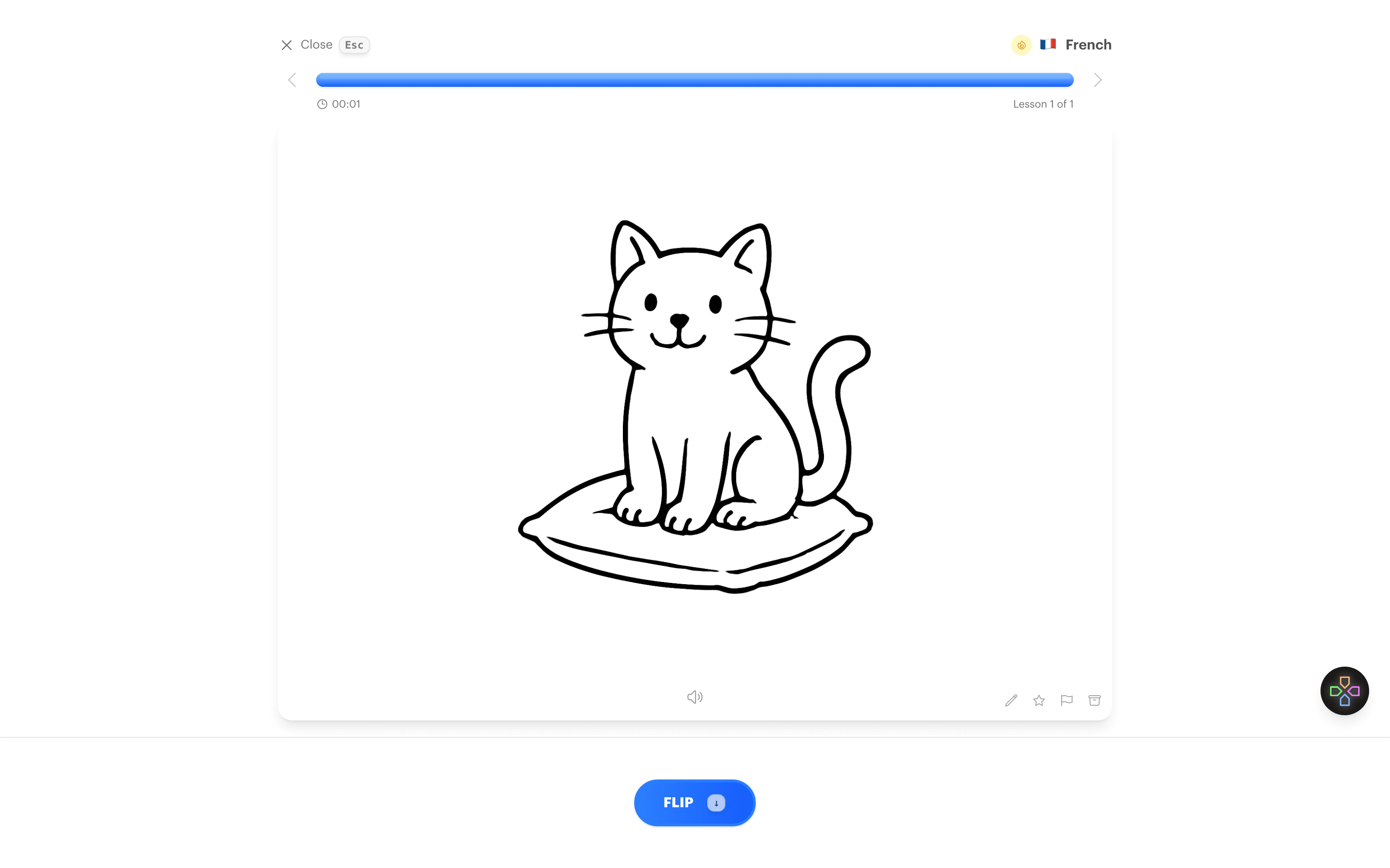 A reverse flashcard showing a sketch of a cat on the front