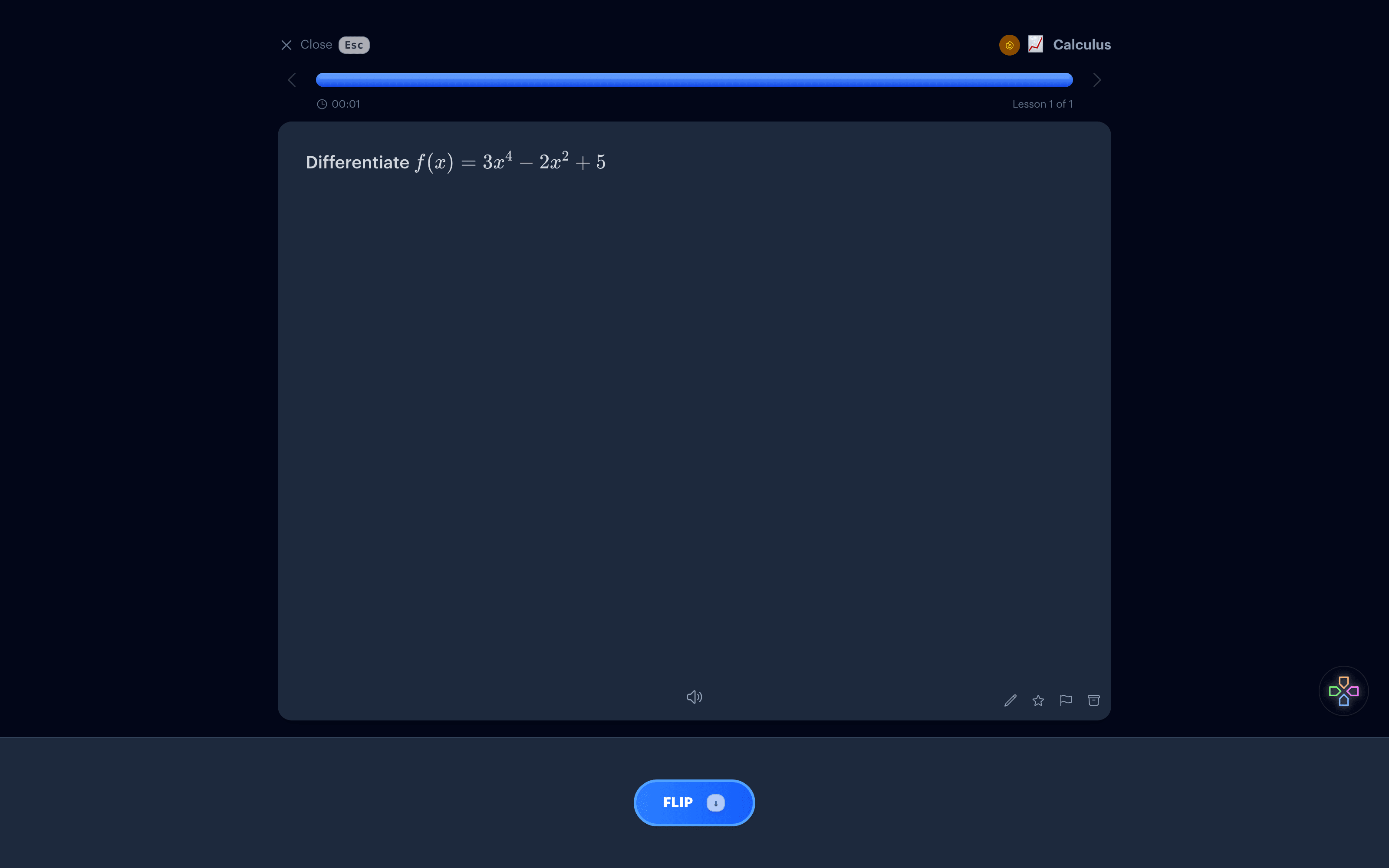 A calculus flashcard asking for the derivative of a polynomial