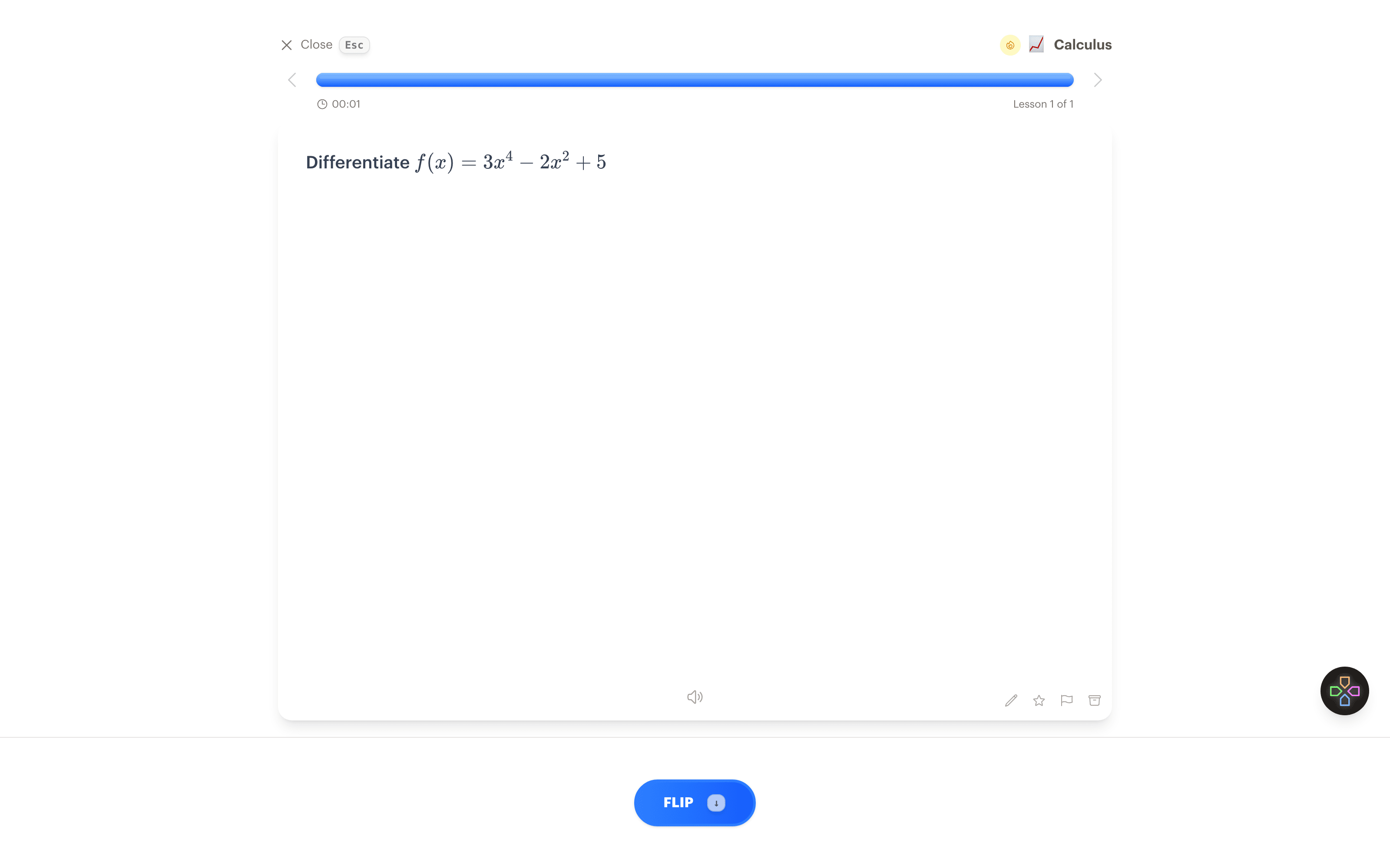 A calculus flashcard asking for the derivative of a polynomial