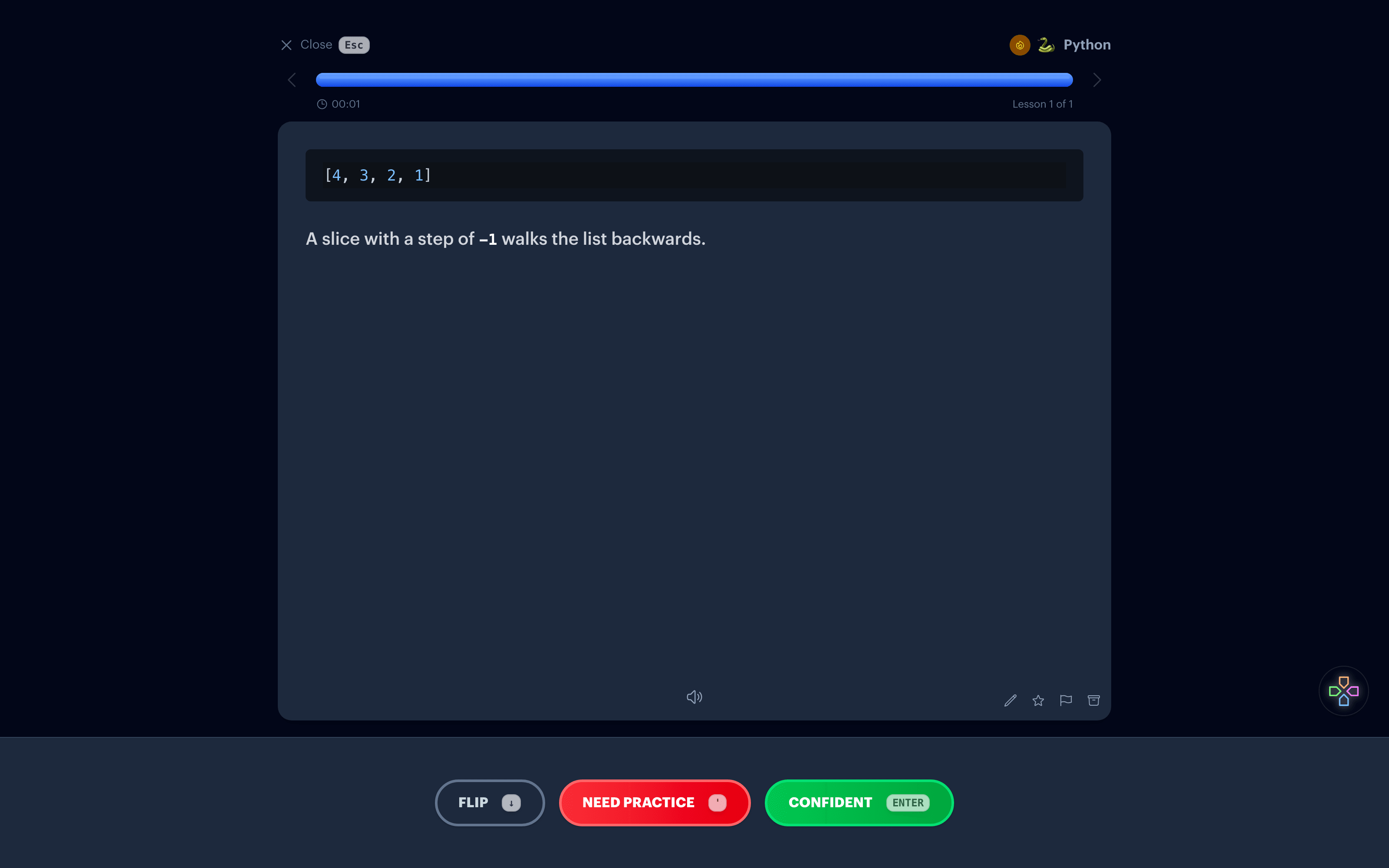 The back of a Python flashcard with the output and a short explanation