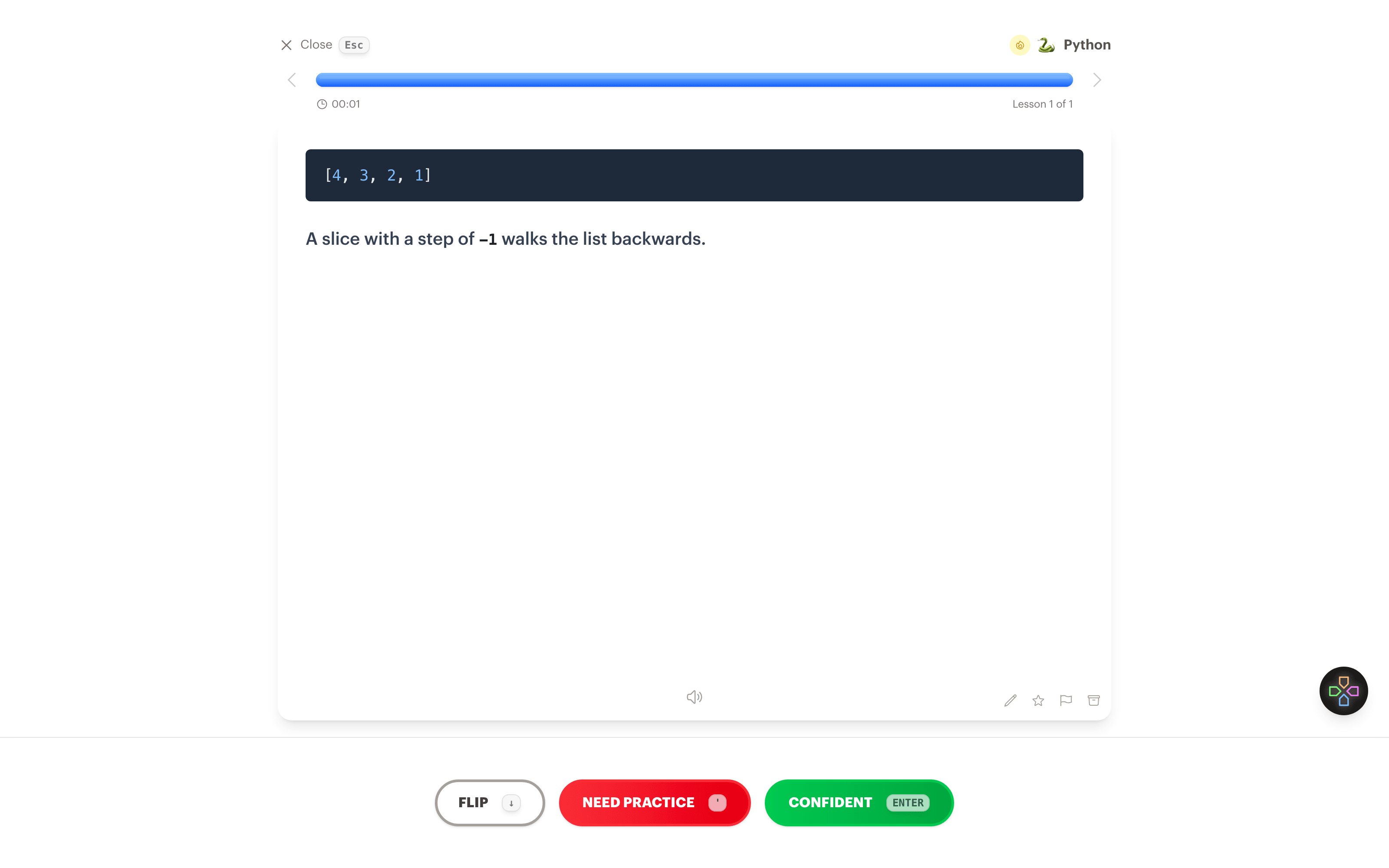 The back of a Python flashcard with the output and a short explanation