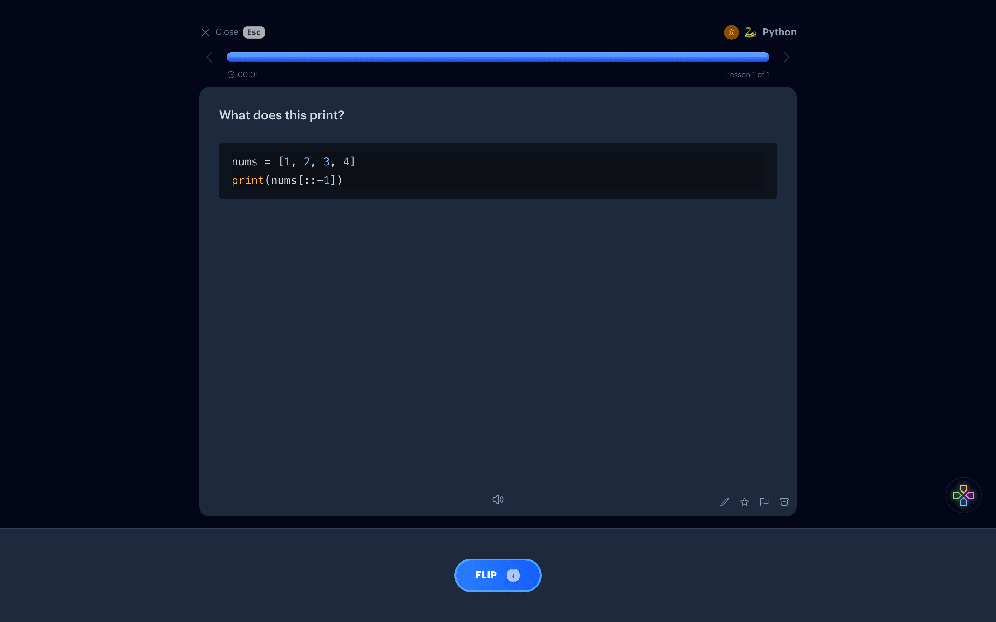 A Python flashcard with a syntax highlighted code snippet