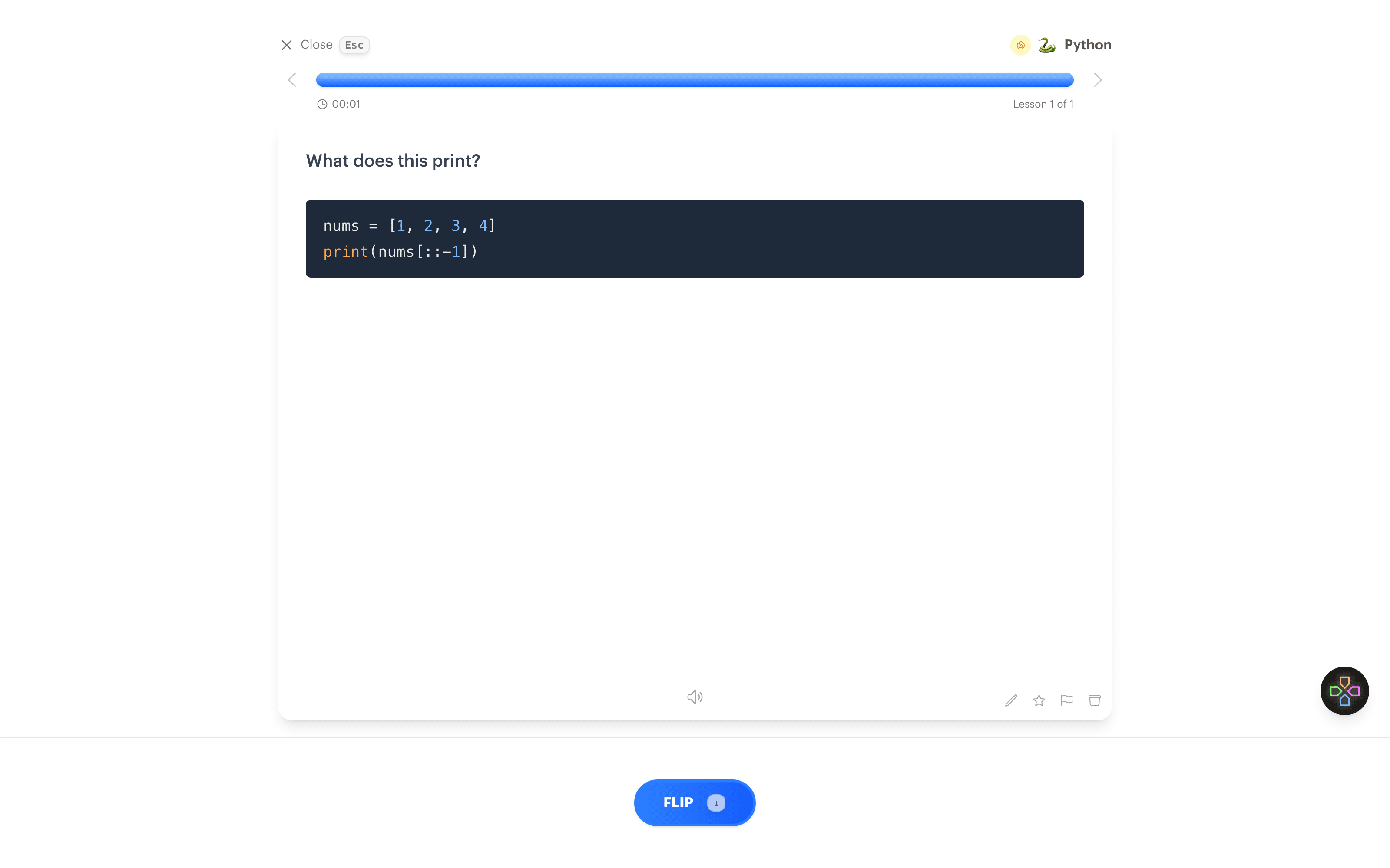 A Python flashcard with a syntax highlighted code snippet