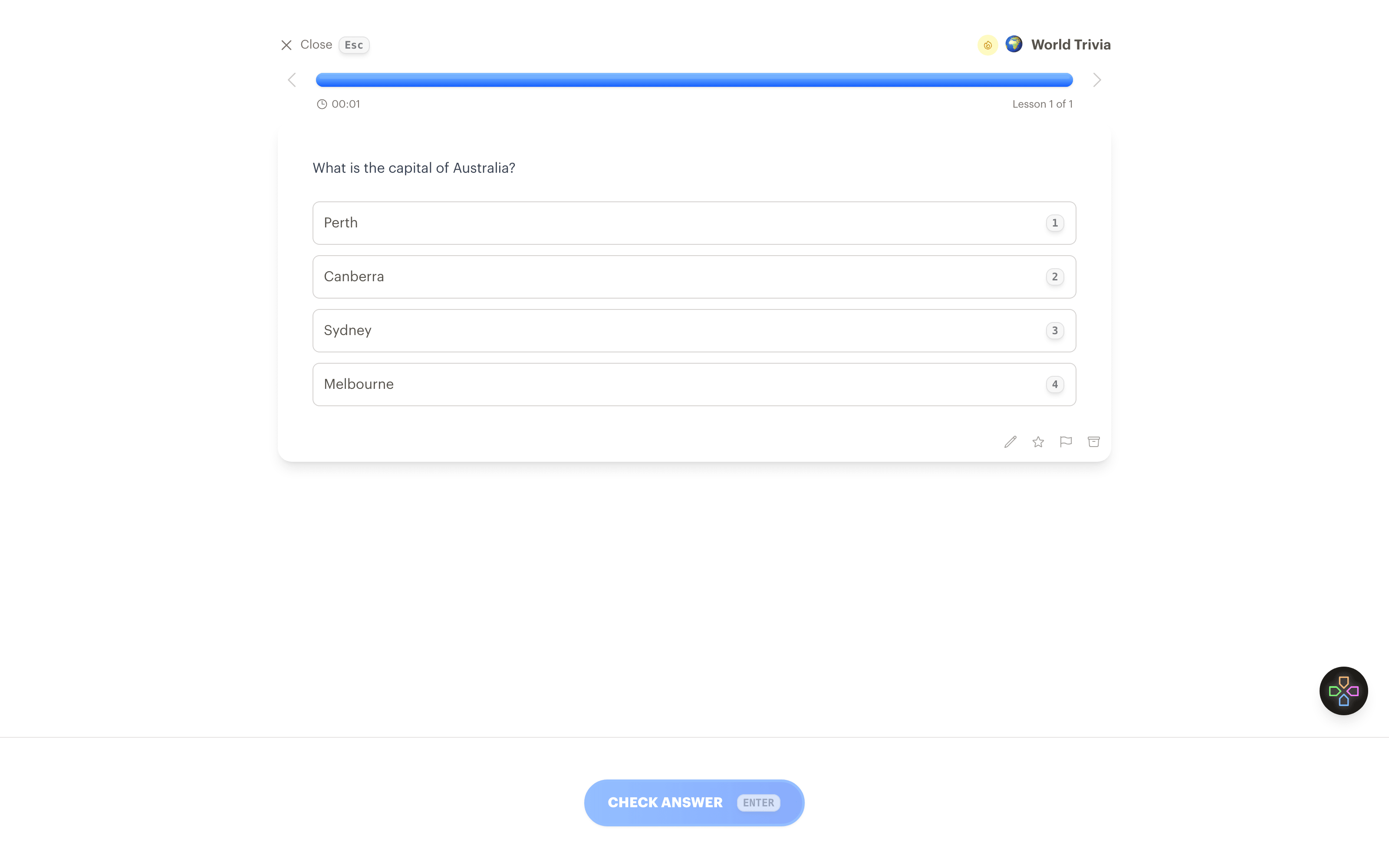 A multiple choice quiz asking for the capital of Australia