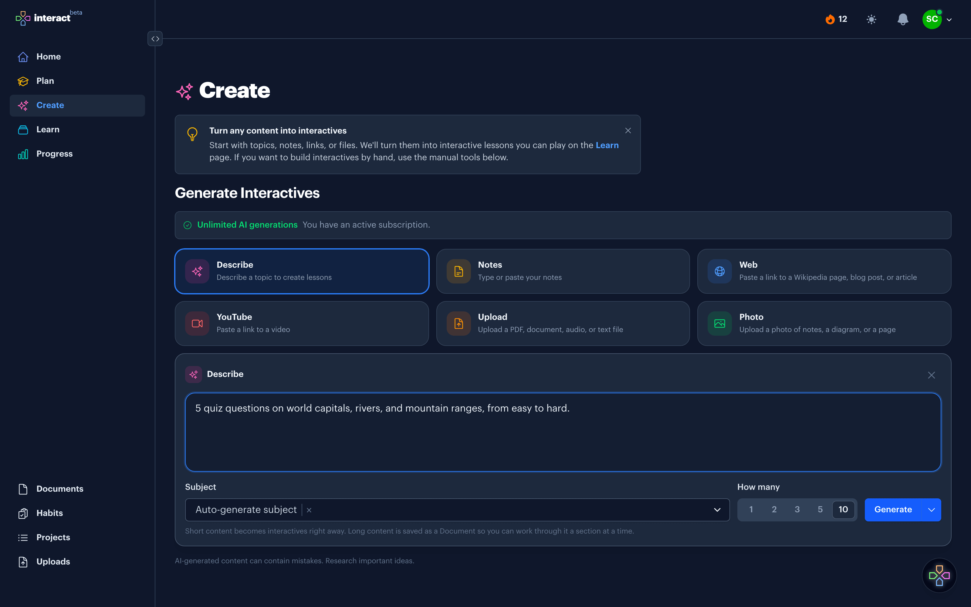 The Create page with a prompt asking for 5 quiz questions on world geography
