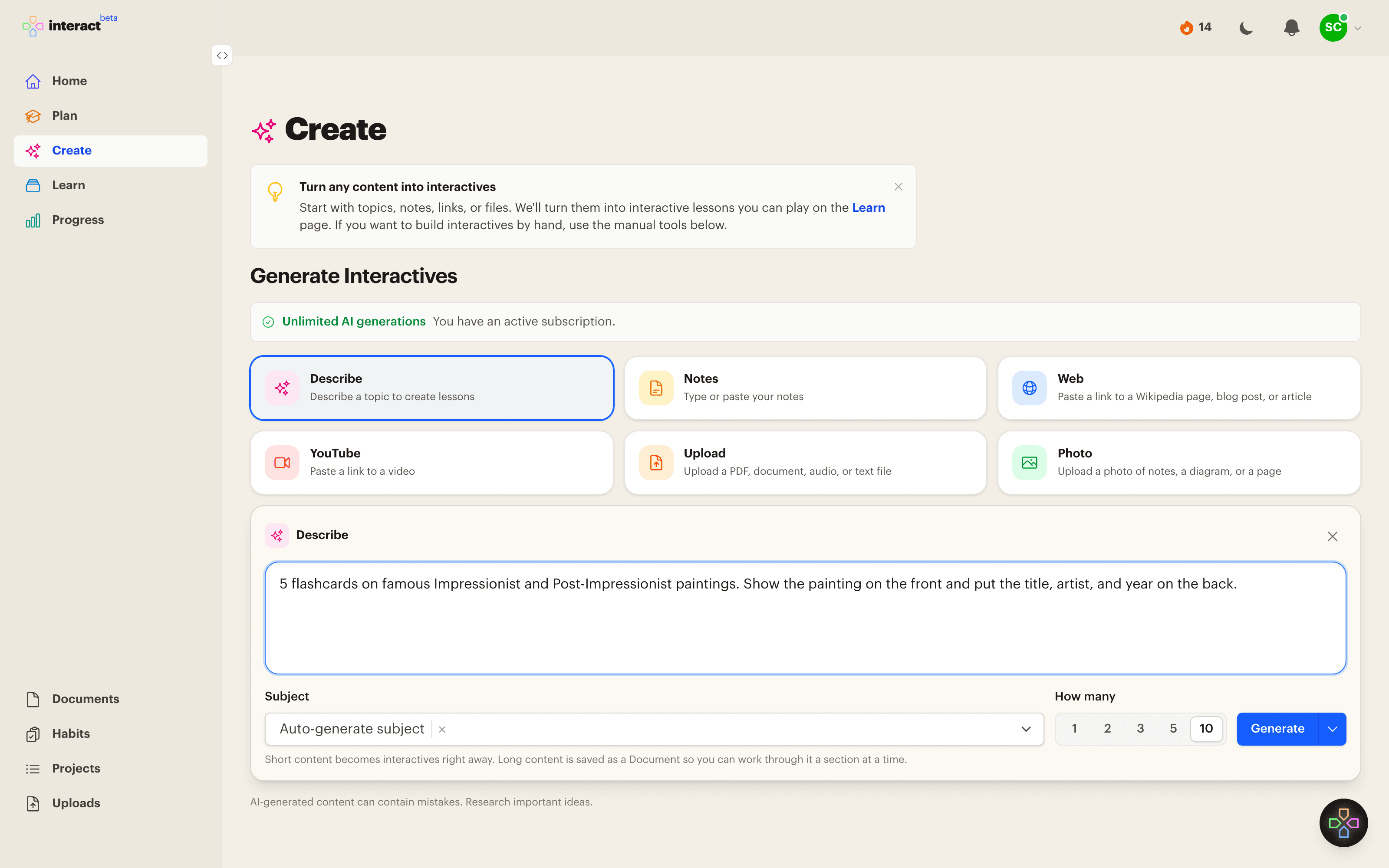 The Create page with a prompt asking for 5 flashcards on Impressionist paintings with the painting on the front