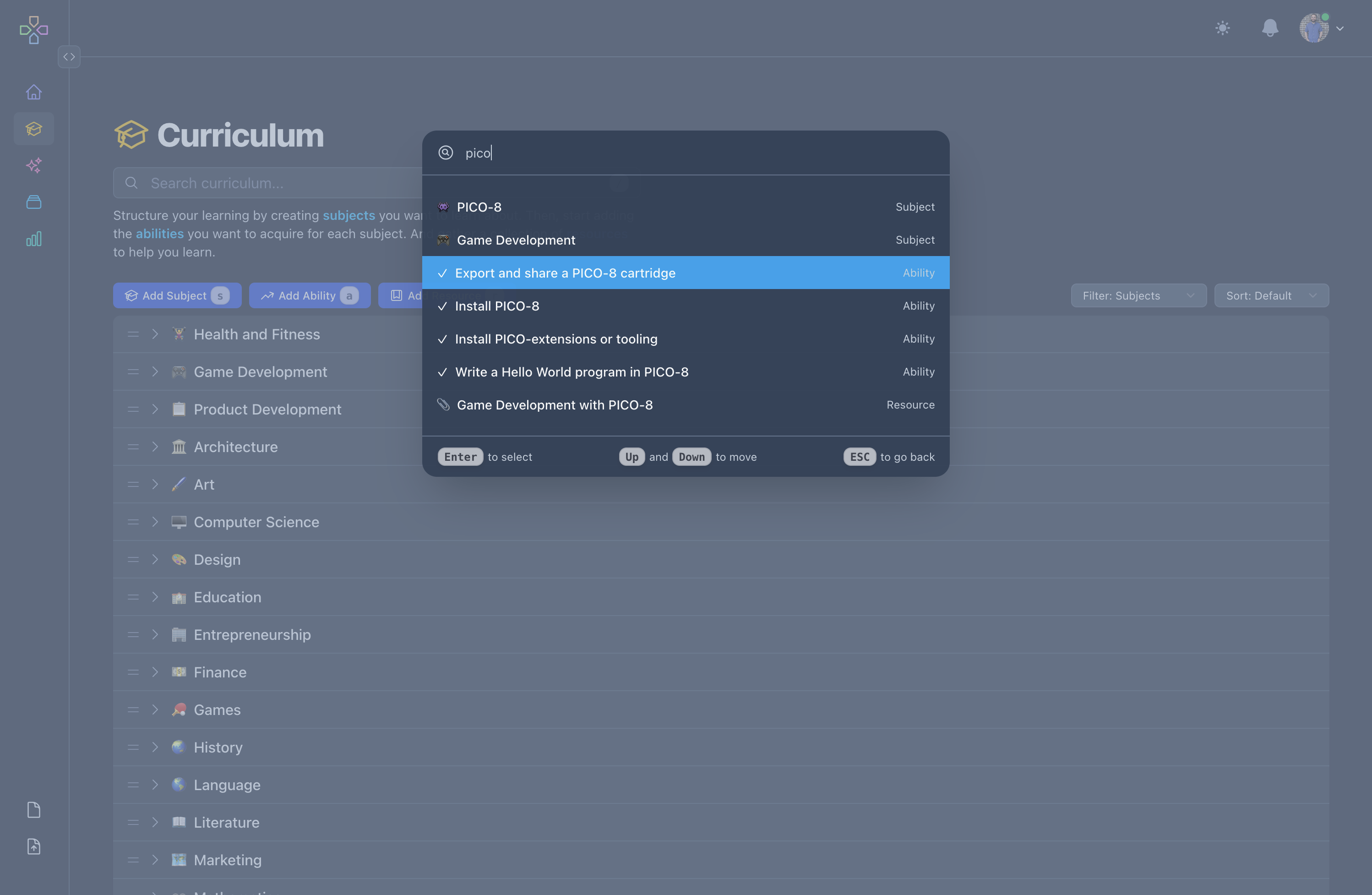 Command Palette with search and navigation.