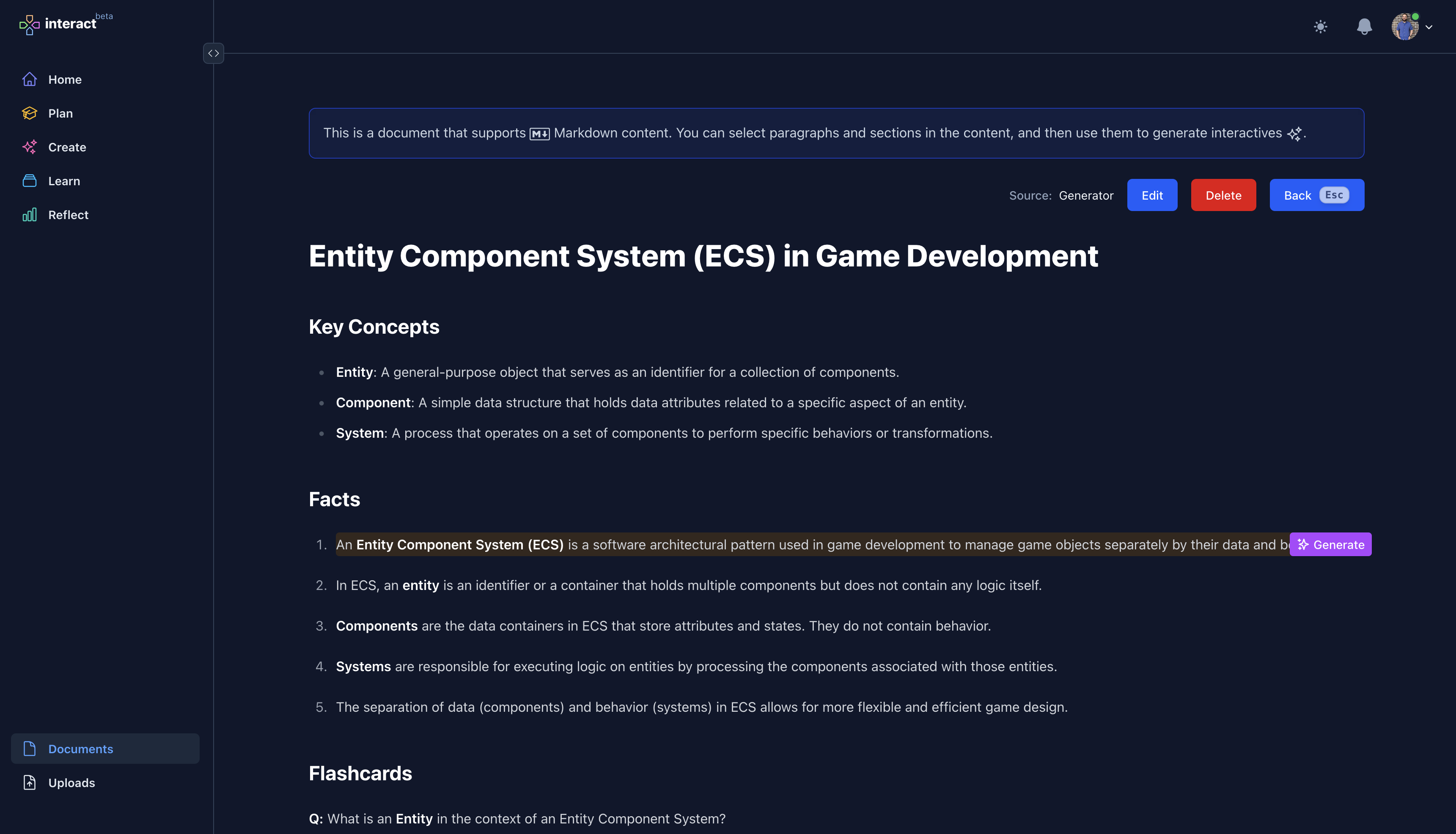 Document page with working selections to generate interactives.