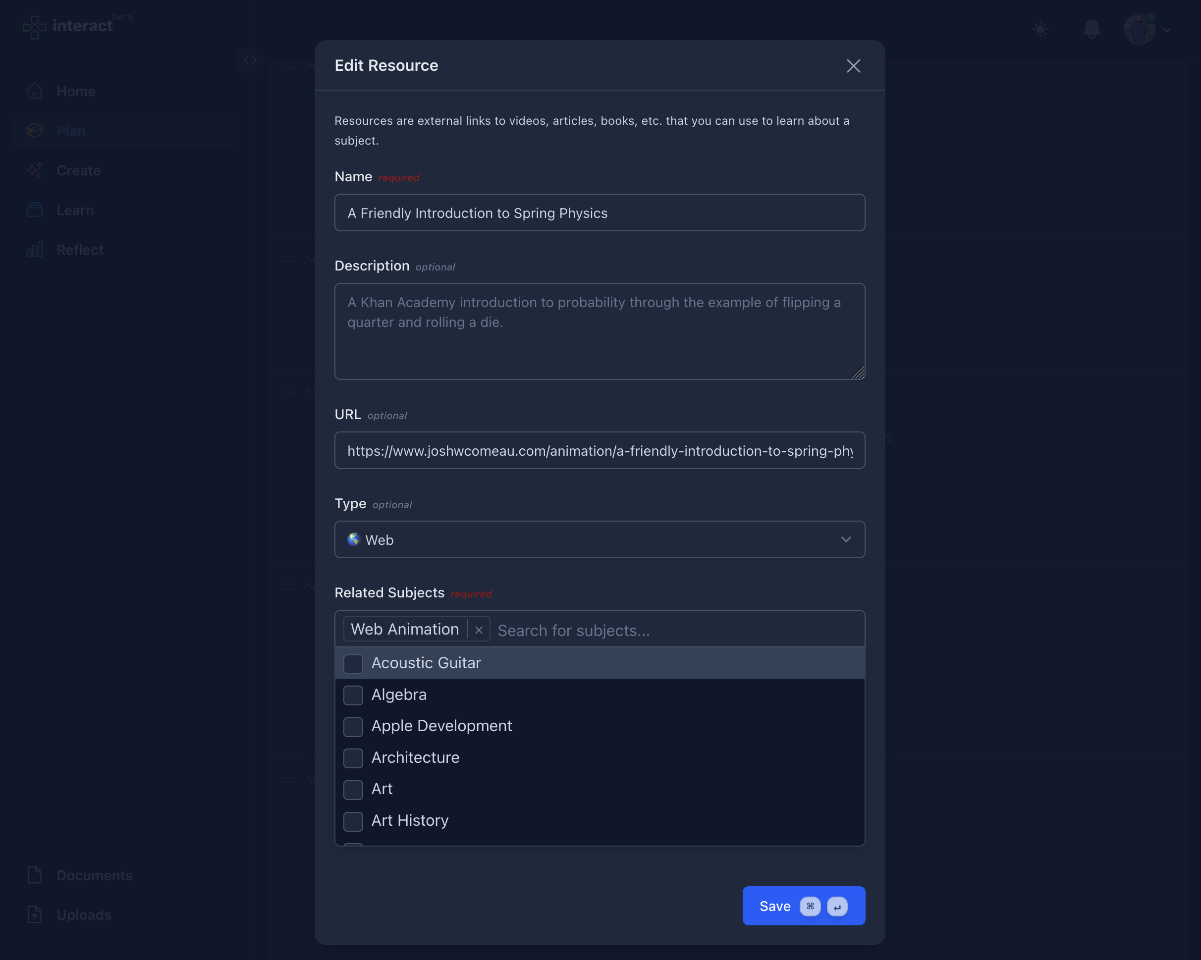Added combobox inputs for selecting subjects in forms.