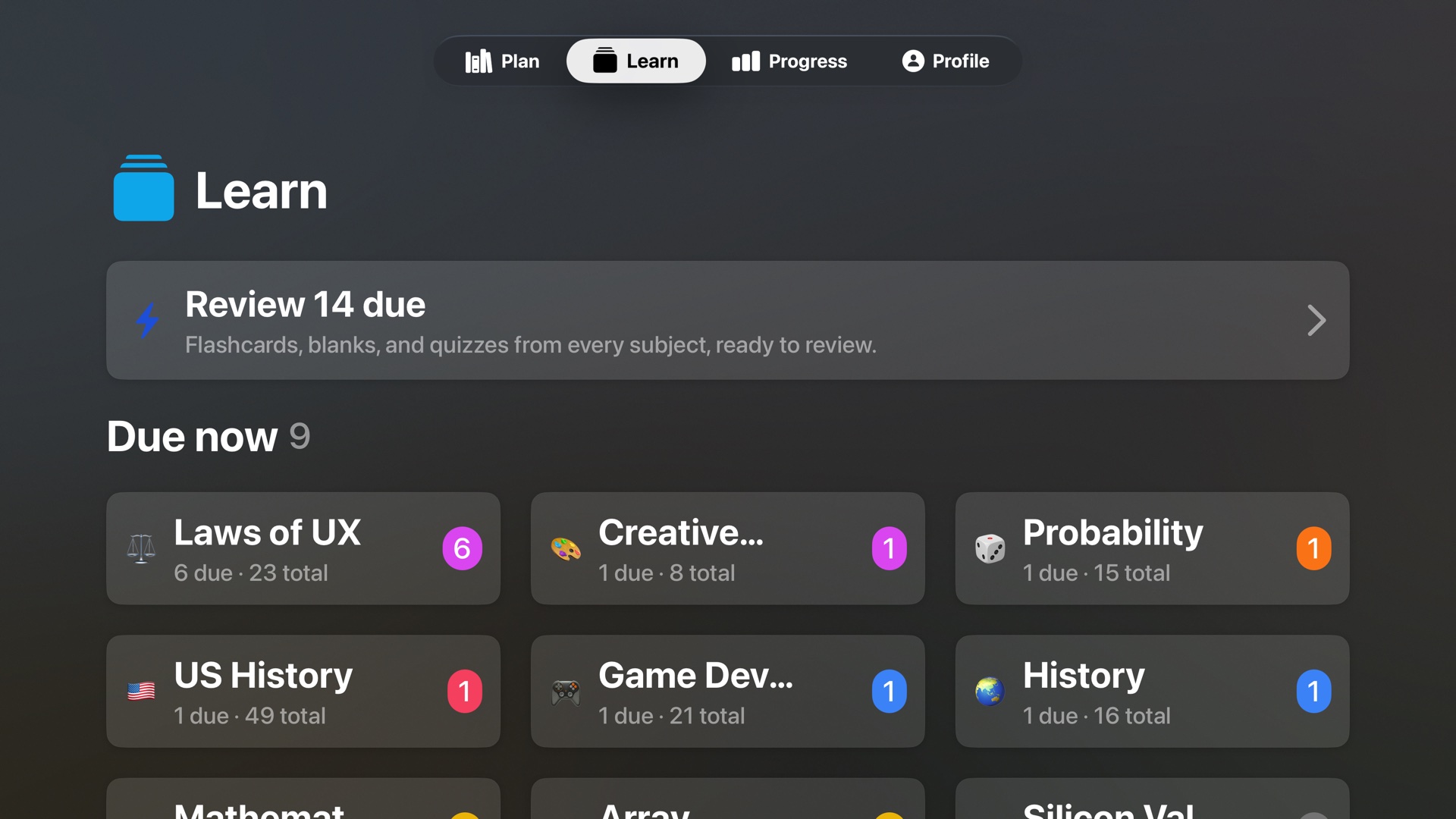 The Learn screen of the Apple TV app with due reviews